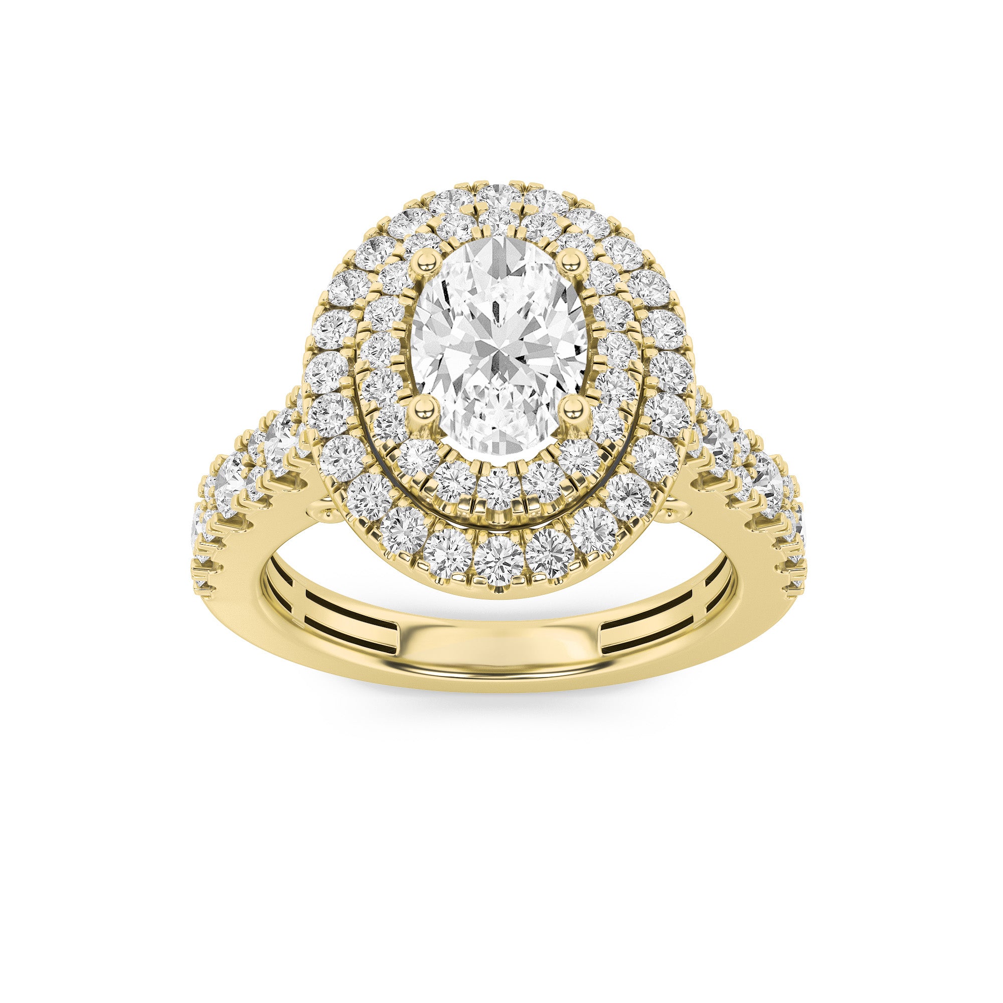 2CTW Oval Shaped Lab Grown Diamond (F/VS) Double Halo Engagement Ring in 14K Gold