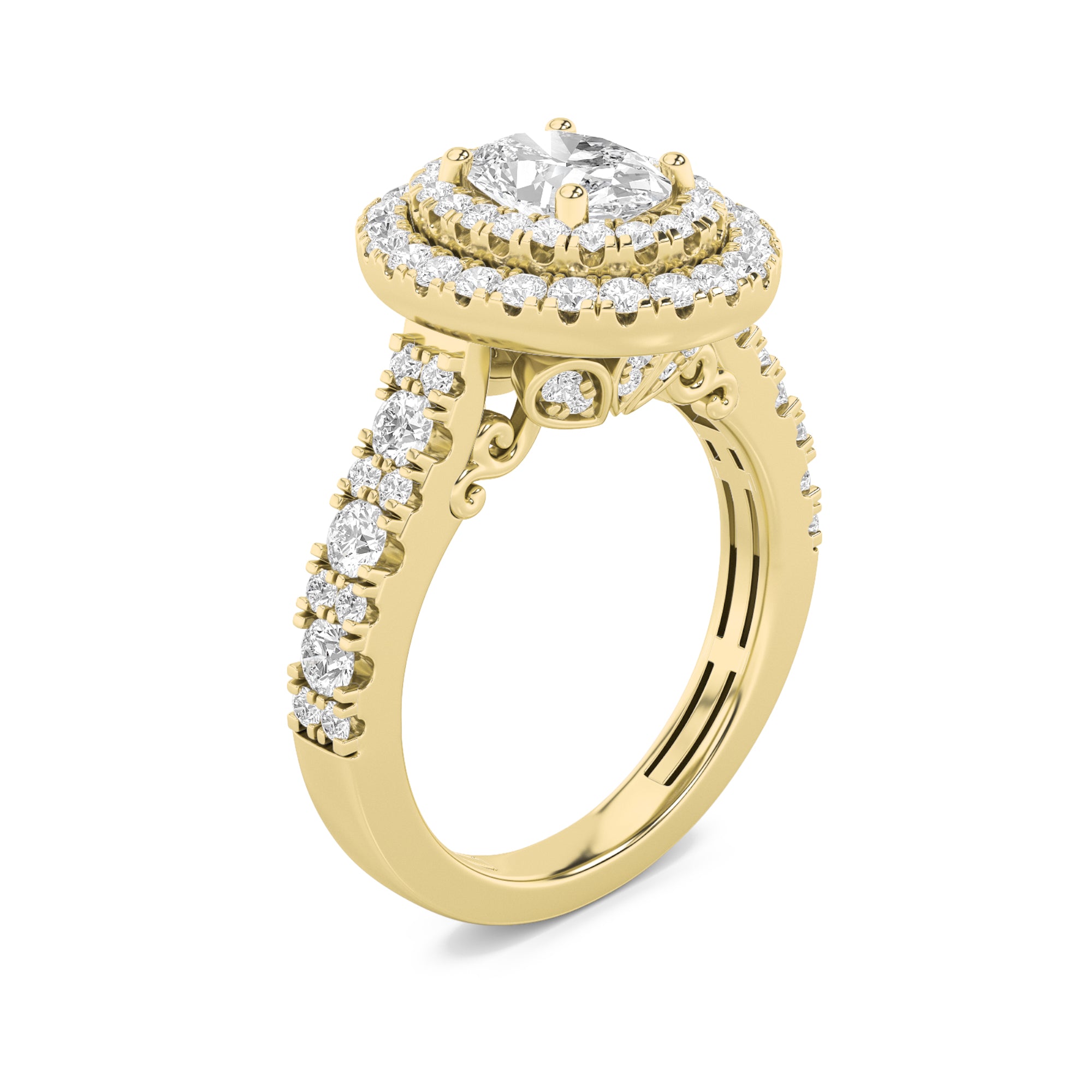 2CTW Oval Shaped Lab Grown Diamond (F/VS) Double Halo Engagement Ring in 14K Gold