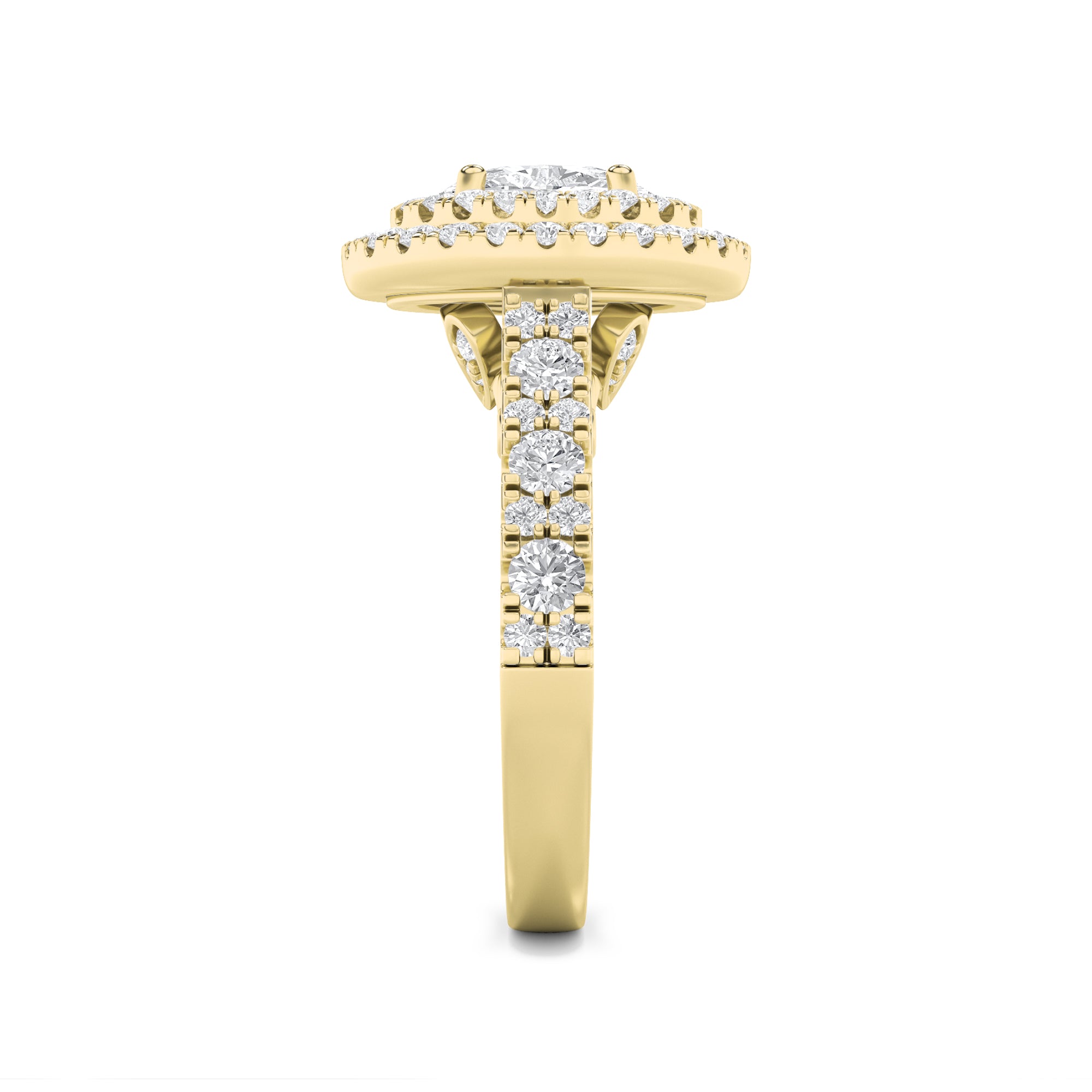 2CTW Oval Shaped Lab Grown Diamond (F/VS) Double Halo Engagement Ring in 14K Gold