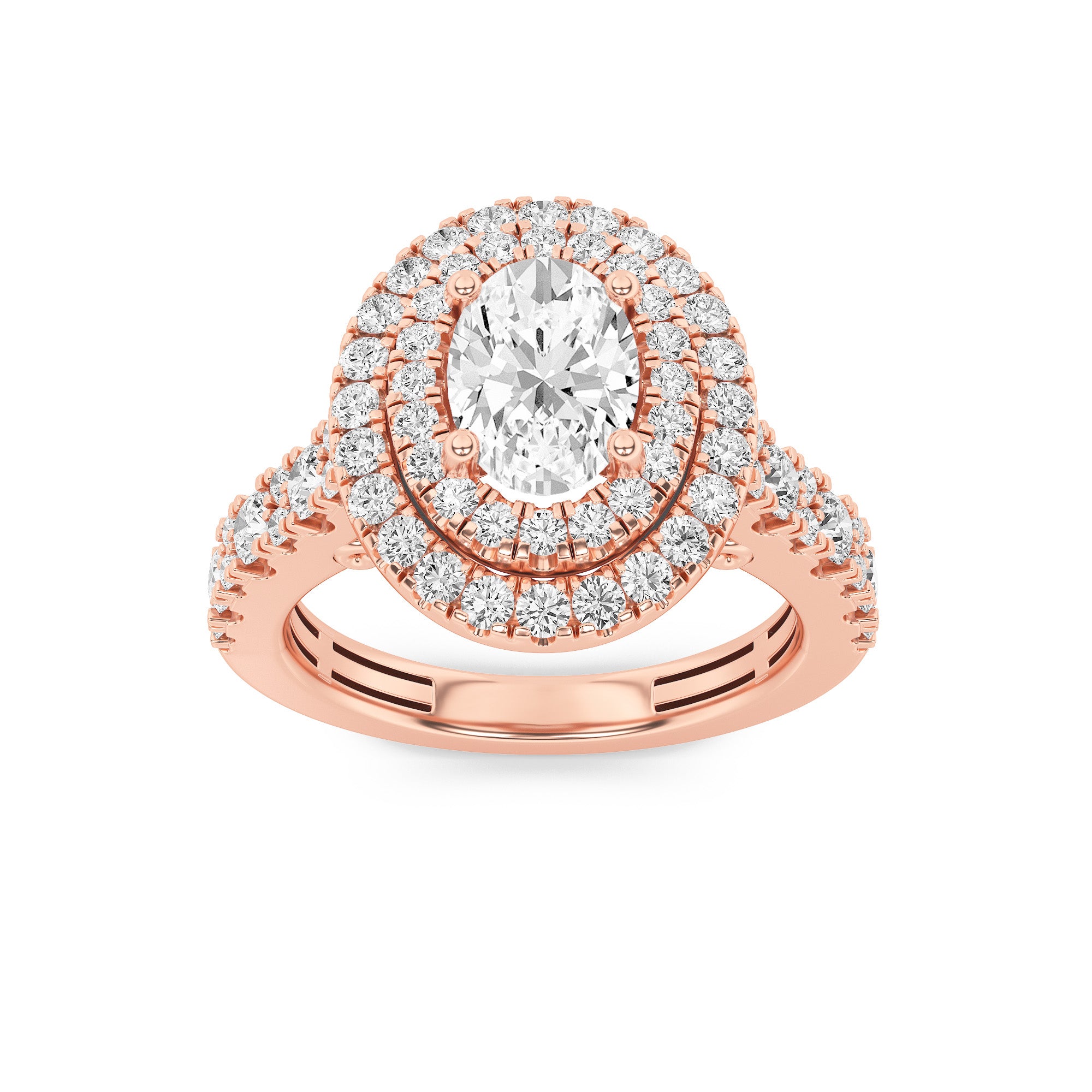 2CTW Oval Shaped Lab Grown Diamond (F/VS) Double Halo Engagement Ring in 14K Gold