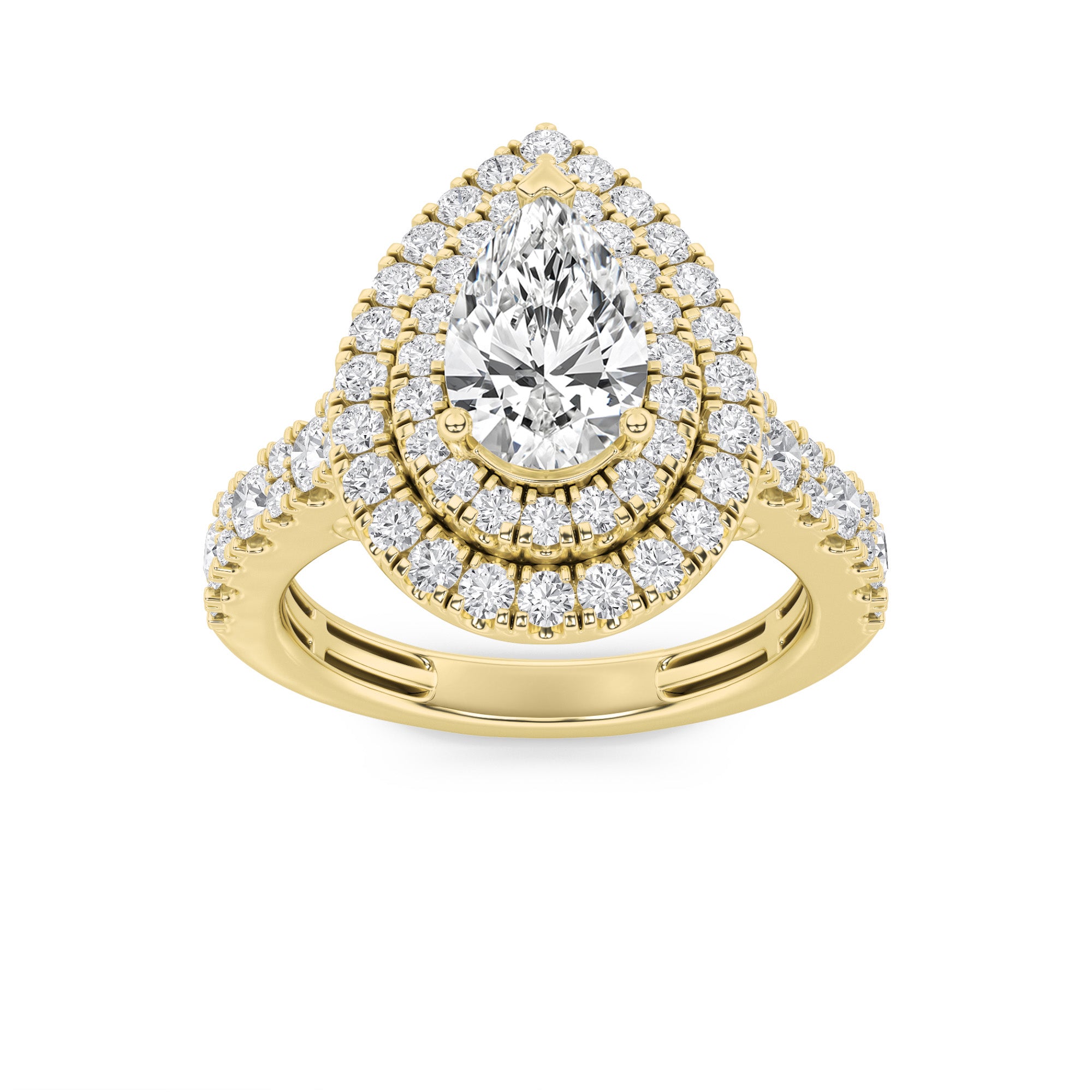 2CTW Pear Shaped Lab Grown Diamond (F/VS) Double Halo Engagement Ring in 14K Gold