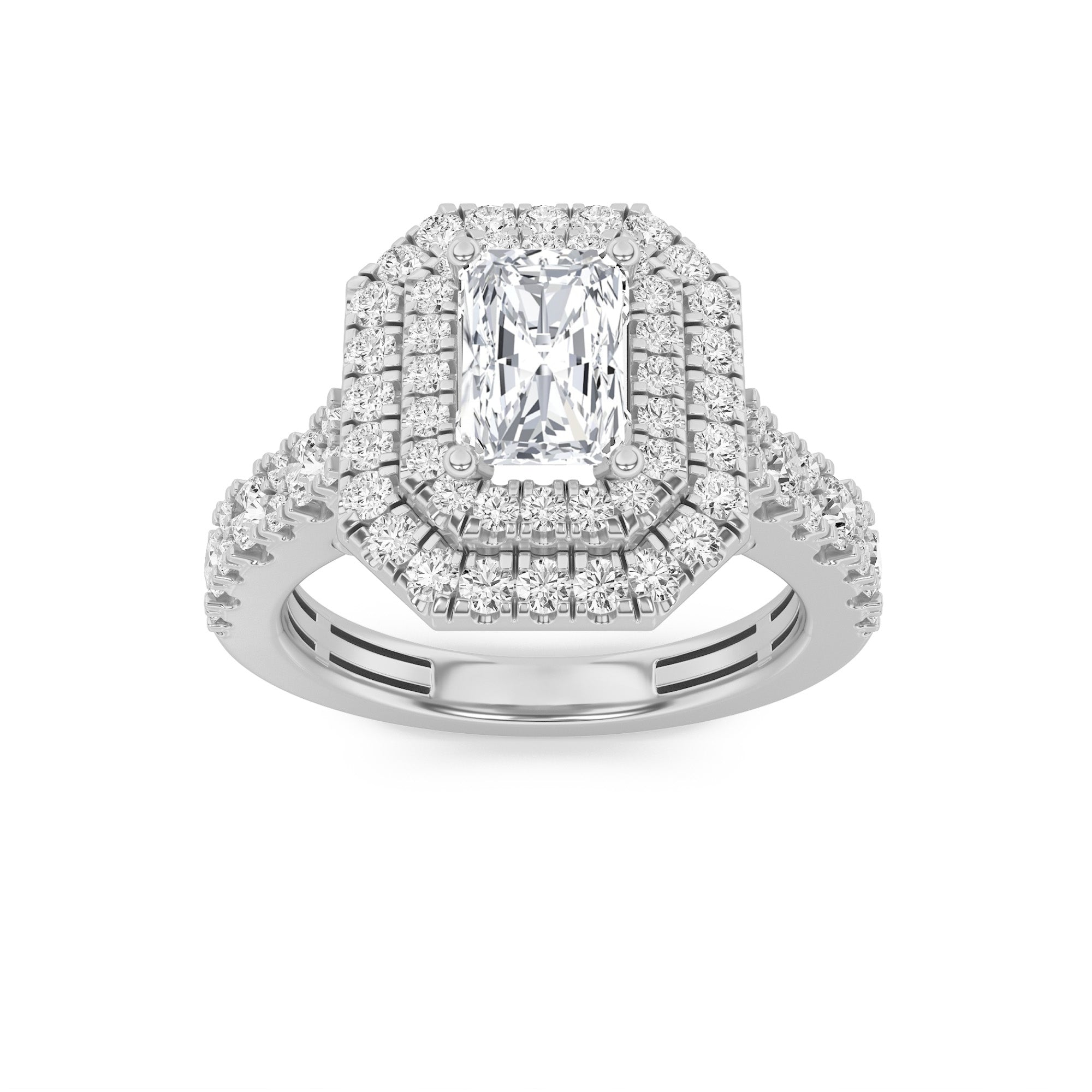 2CTW Radiant Shaped Lab Grown Diamond (F/VS) Double Halo Engagement Ring in 14K Gold