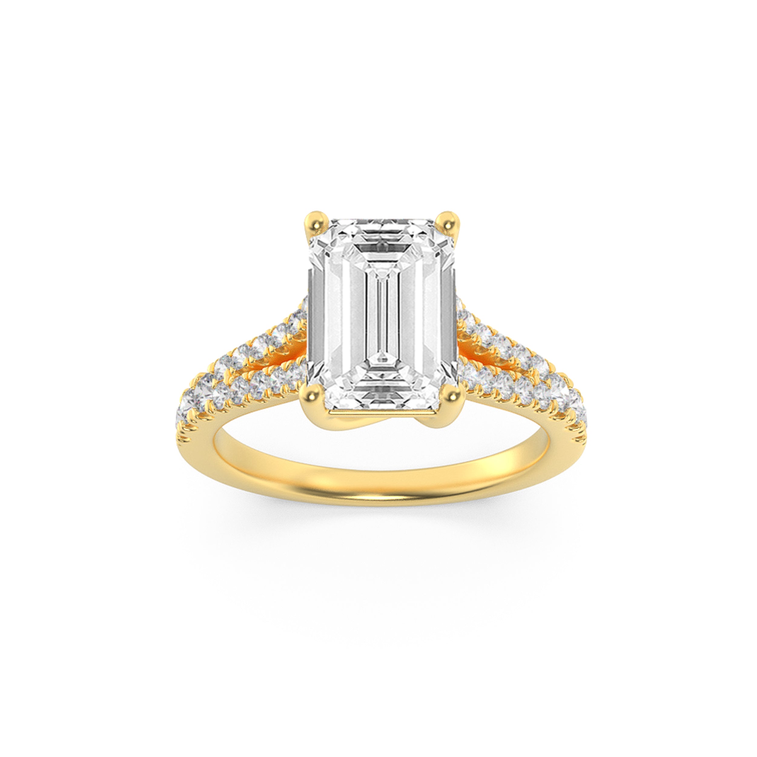 2CTW Emerald Shaped Lab Grown Diamond (F/VS) Split Shank Trellis Engagement Ring in 14K Gold