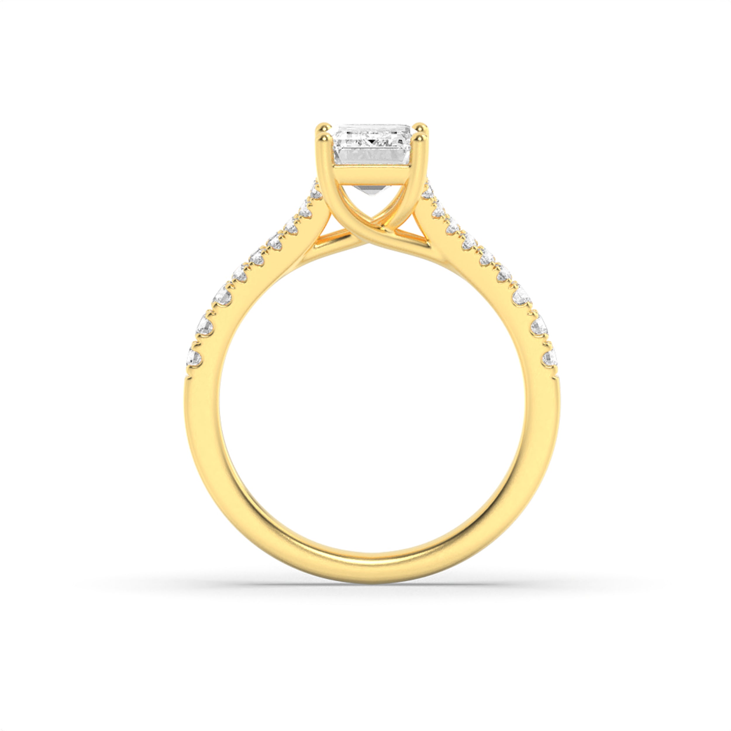 2CTW Emerald Shaped Lab Grown Diamond (F/VS) Split Shank Trellis Engagement Ring in 14K Gold