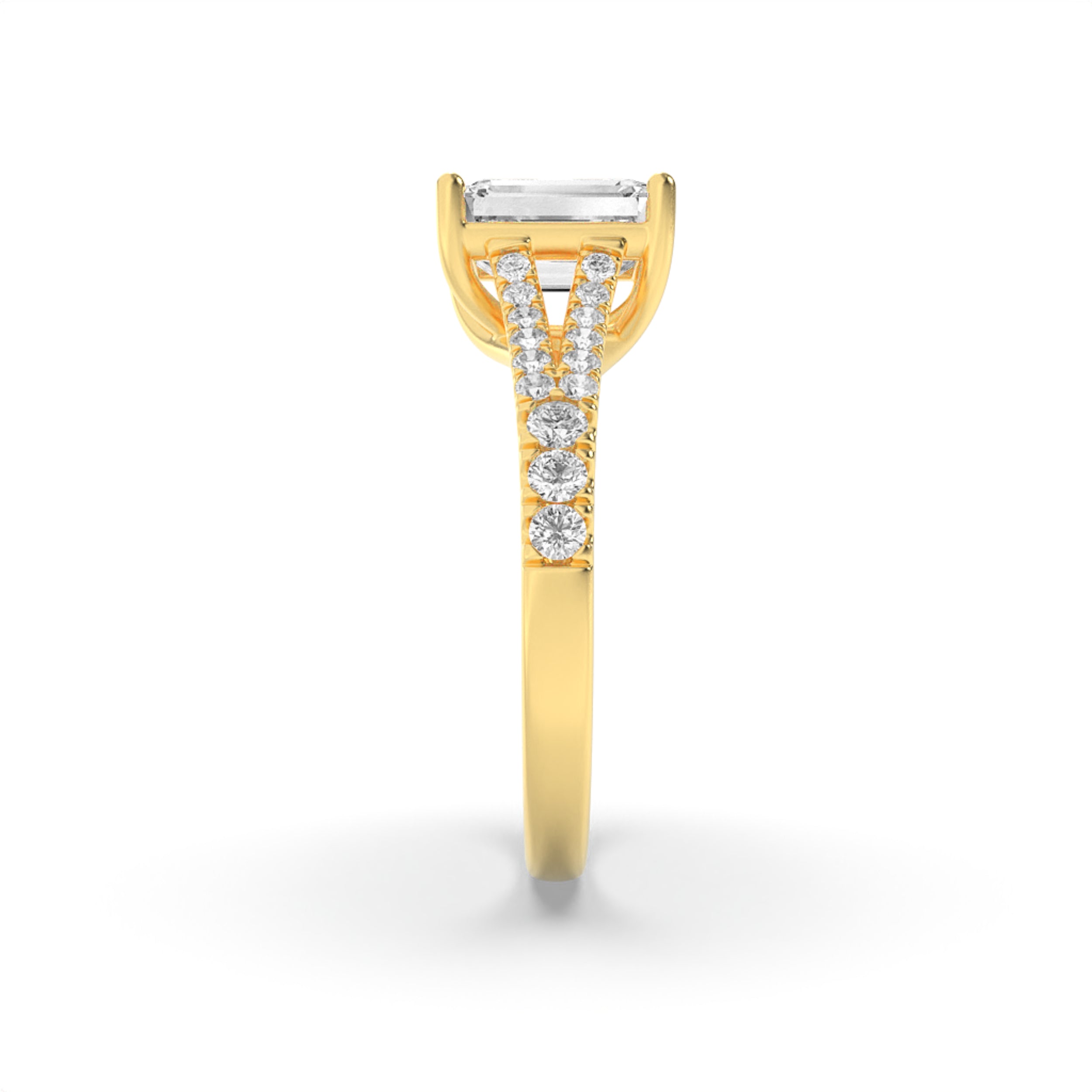 2CTW Emerald Shaped Lab Grown Diamond (F/VS) Split Shank Trellis Engagement Ring in 14K Gold