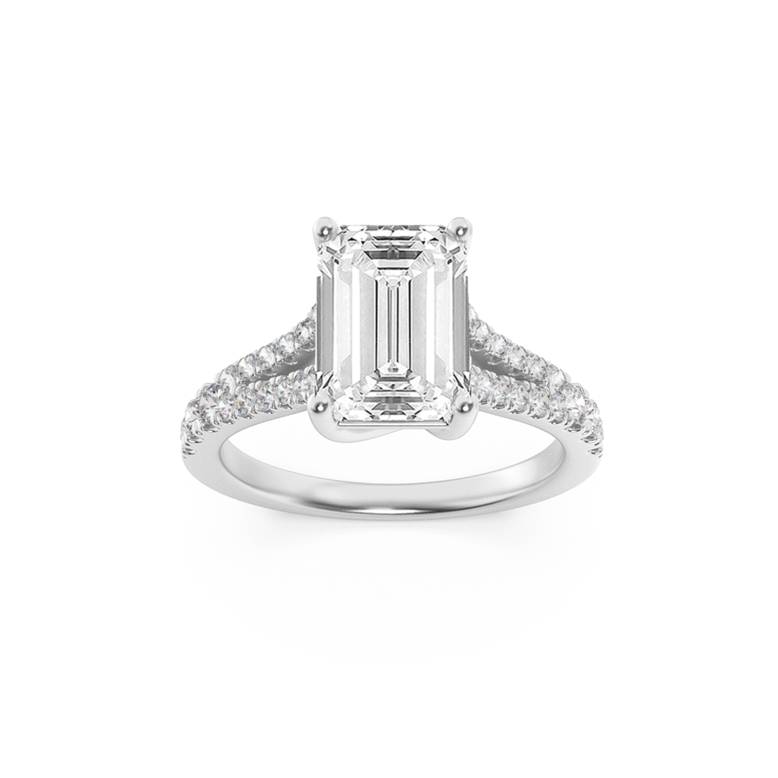 4CTW Emerald Shaped Lab Grown Diamond (F/VS) Split Shank Trellis Engagement Ring in 14K Gold