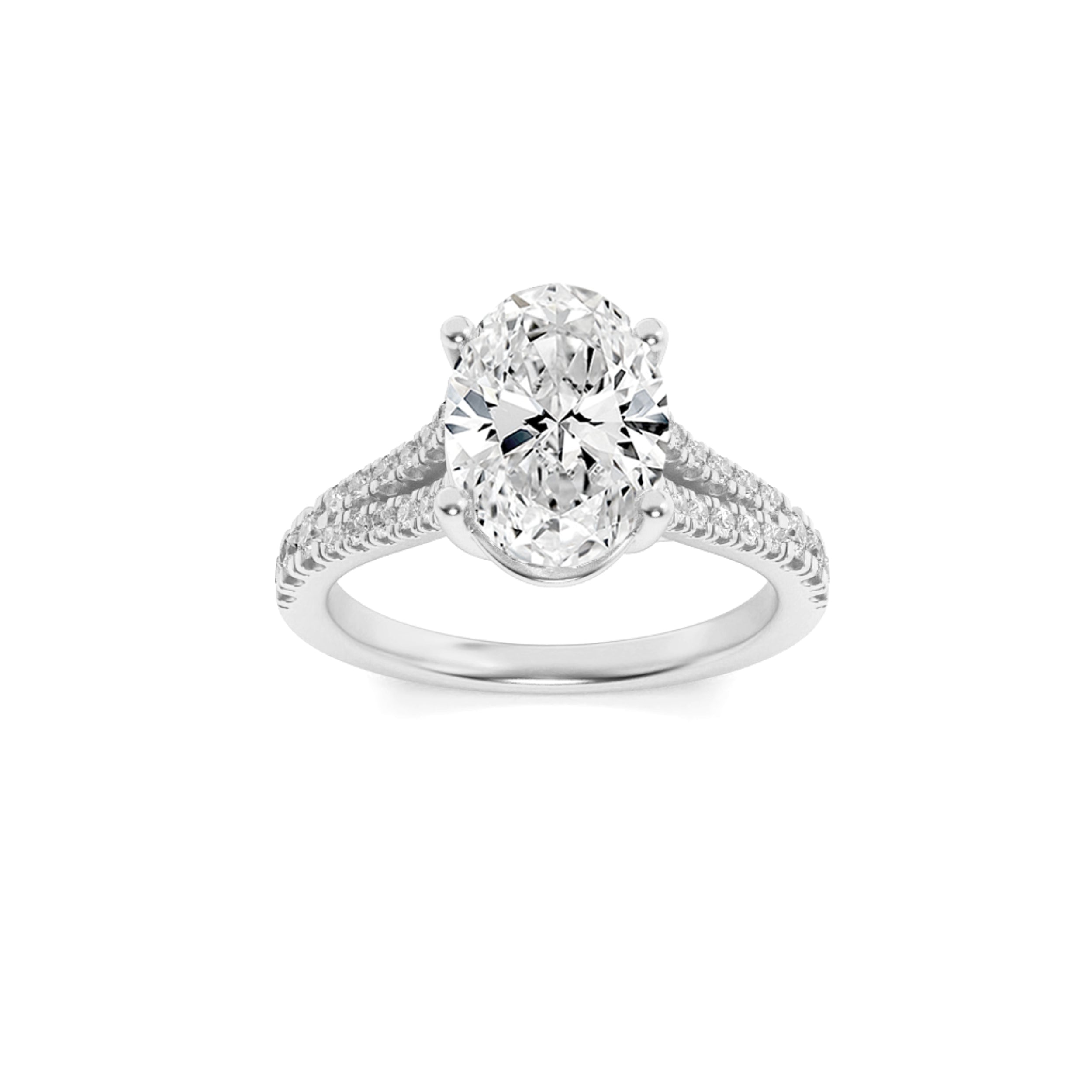 2CTW Oval Shaped Lab Grown Diamond (F/VS) Split Shank Trellis Engagement Ring in 14K Gold