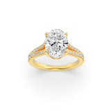 2CTW Oval Shaped Lab Grown Diamond (F/VS) Split Shank Trellis Engagement Ring in 14K Gold