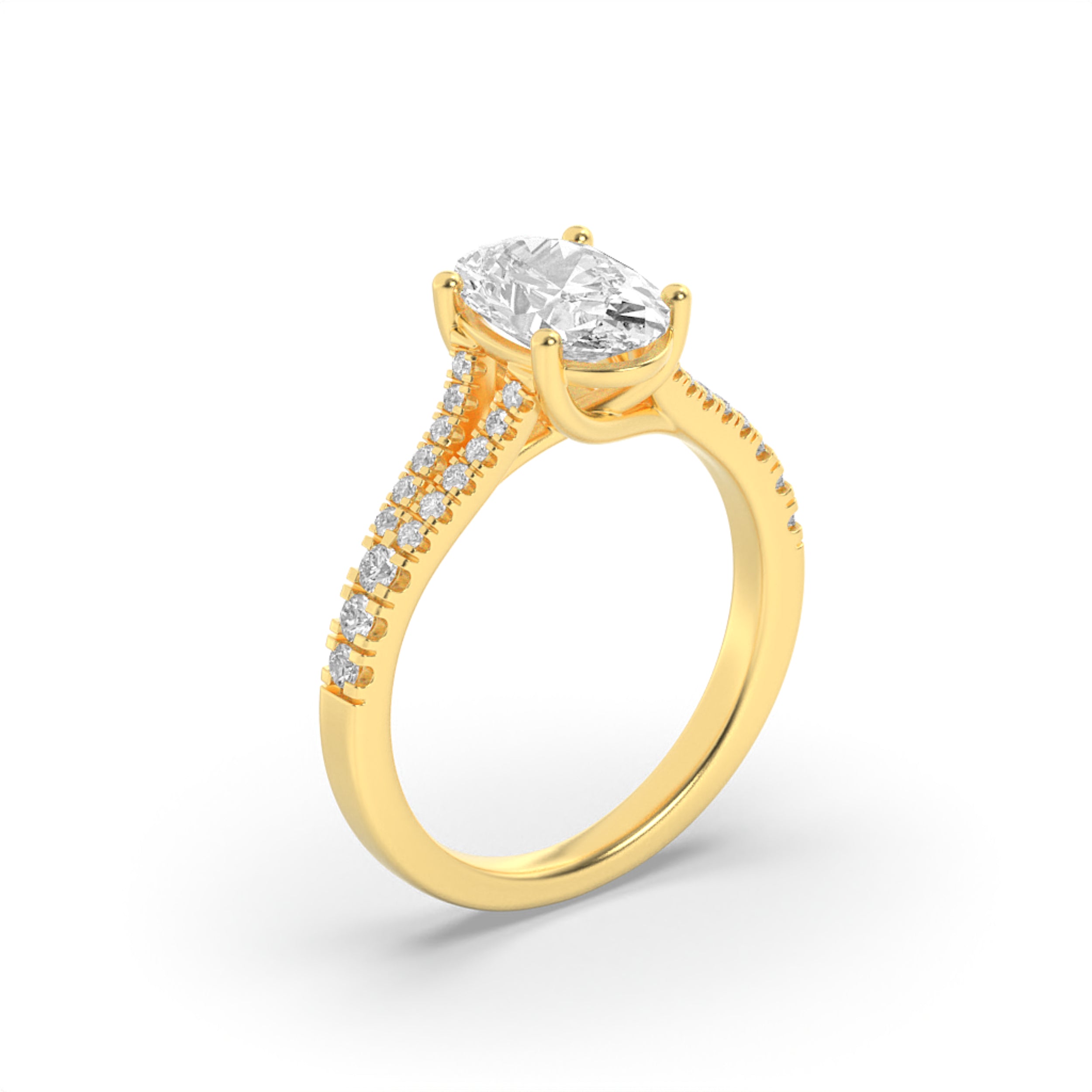 2CTW Oval Shaped Lab Grown Diamond (F/VS) Split Shank Trellis Engagement Ring in 14K Gold