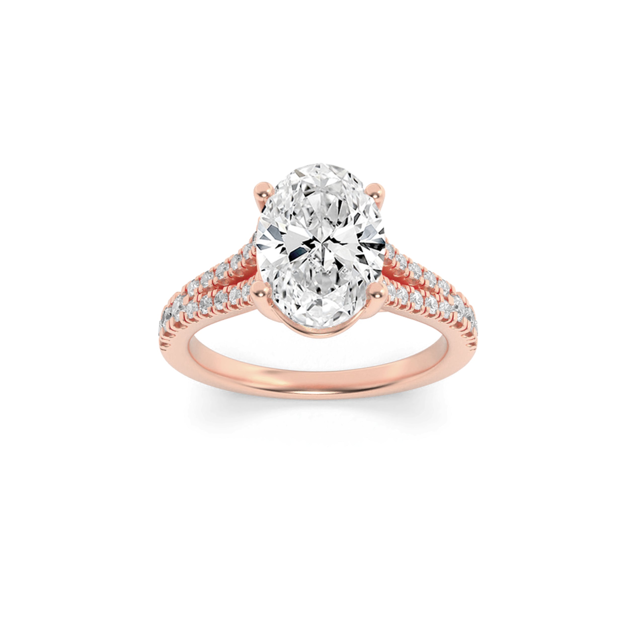 2CTW Oval Shaped Lab Grown Diamond (F/VS) Split Shank Trellis Engagement Ring in 14K Gold
