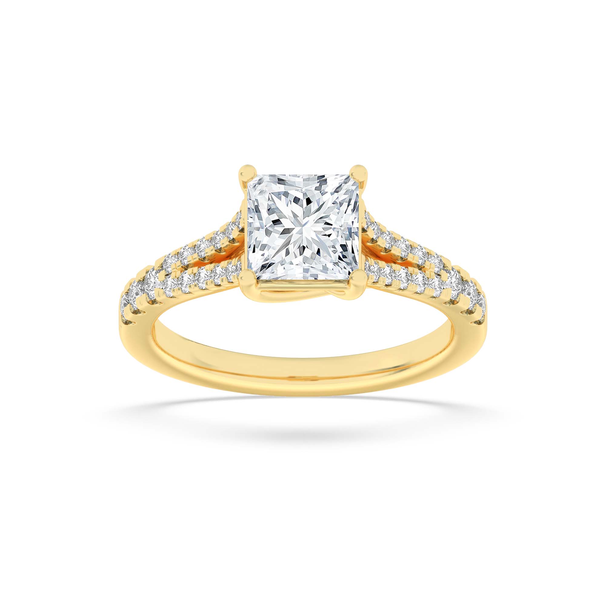 2CTW Princess Shaped Lab Grown Diamond (F/VS) Split Shank Trellis Engagement Ring in 14K Gold