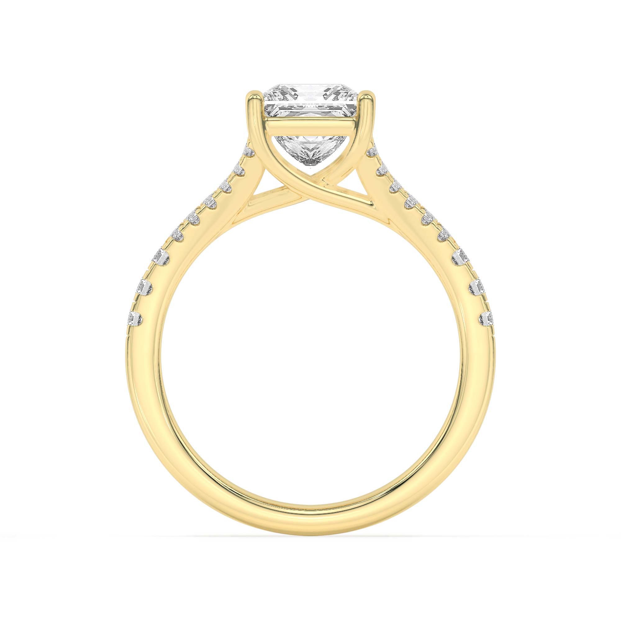 2CTW Princess Shaped Lab Grown Diamond (F/VS) Split Shank Trellis Engagement Ring in 14K Gold
