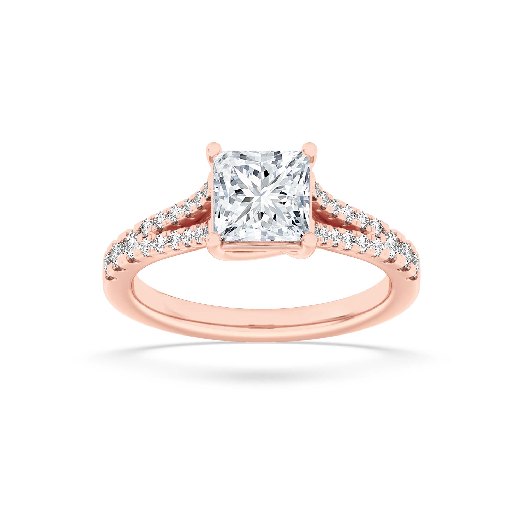 2CTW Princess Shaped Lab Grown Diamond (F/VS) Split Shank Trellis Engagement Ring in 14K Gold