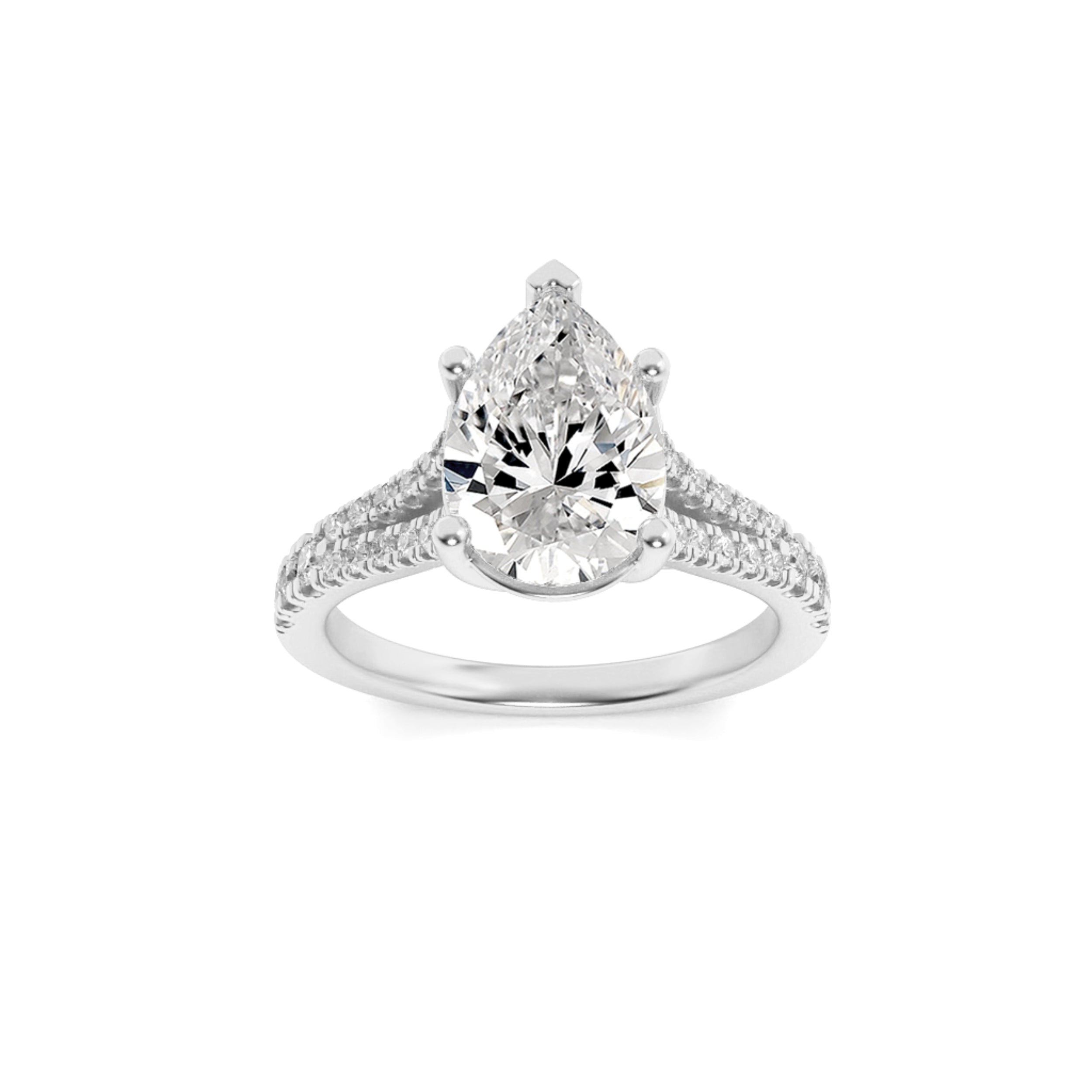 2CTW Pear Shaped Lab Grown Diamond (F/VS) Split Shank Trellis Engagement Ring in 14K Gold