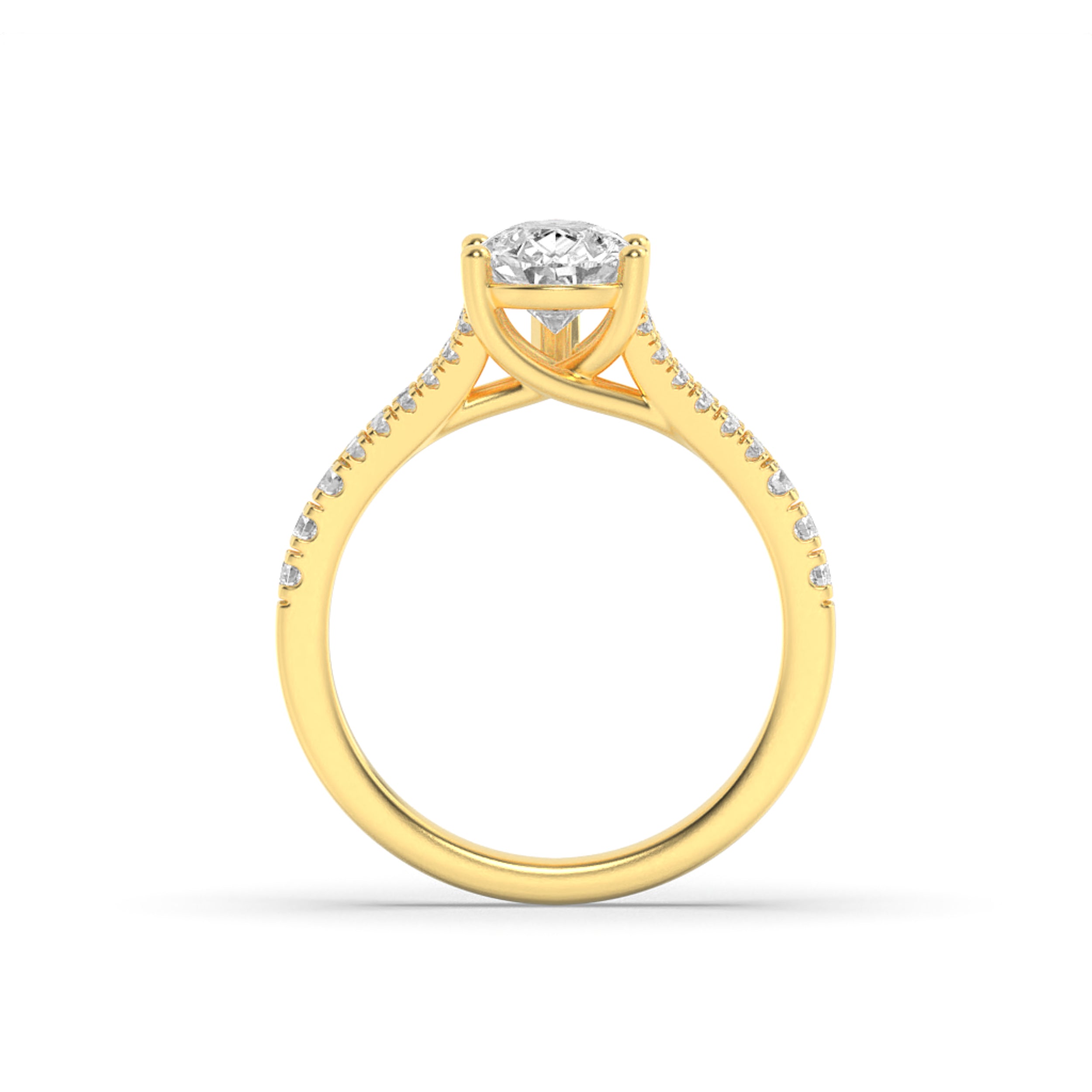2CTW Pear Shaped Lab Grown Diamond (F/VS) Split Shank Trellis Engagement Ring in 14K Gold