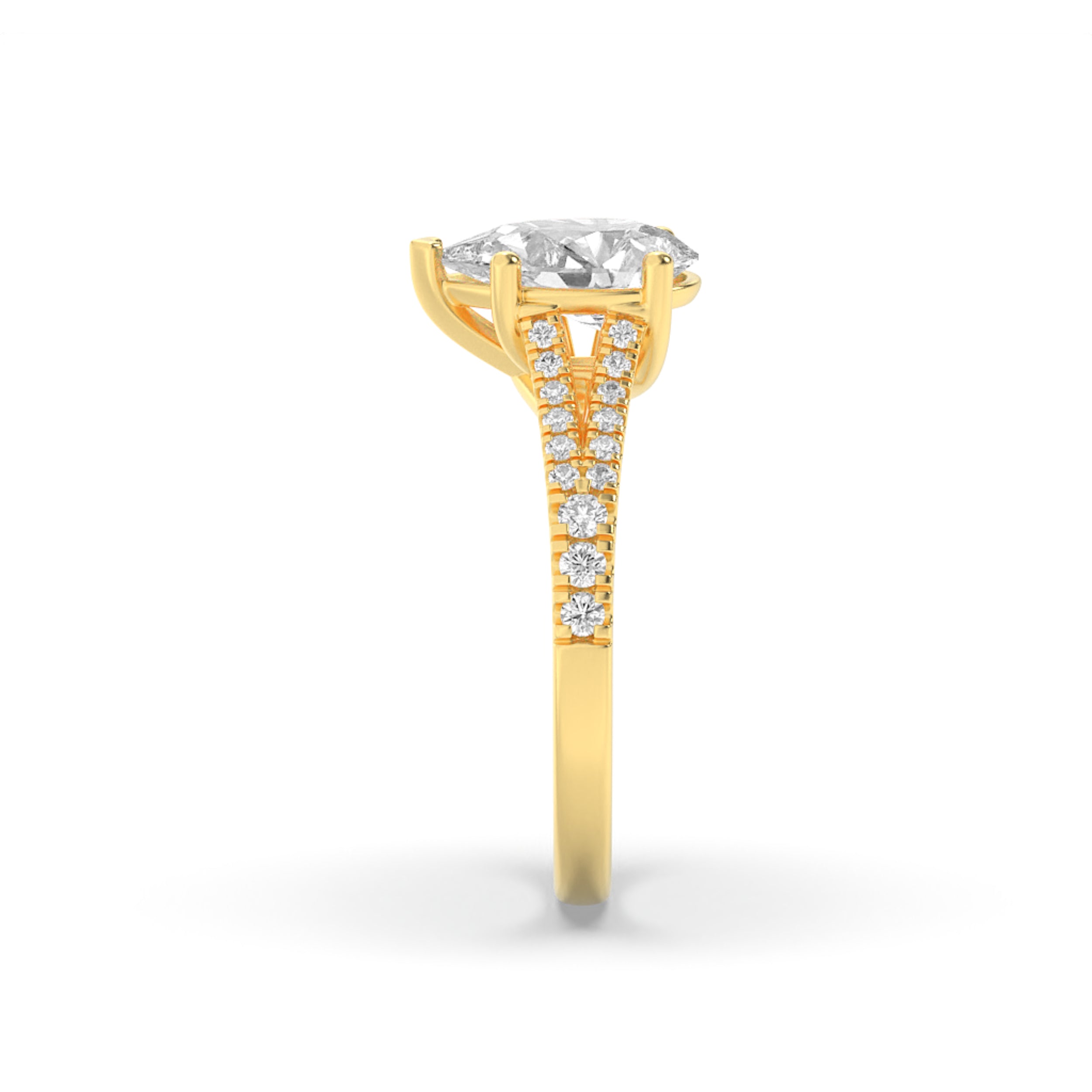 2CTW Pear Shaped Lab Grown Diamond (F/VS) Split Shank Trellis Engagement Ring in 14K Gold