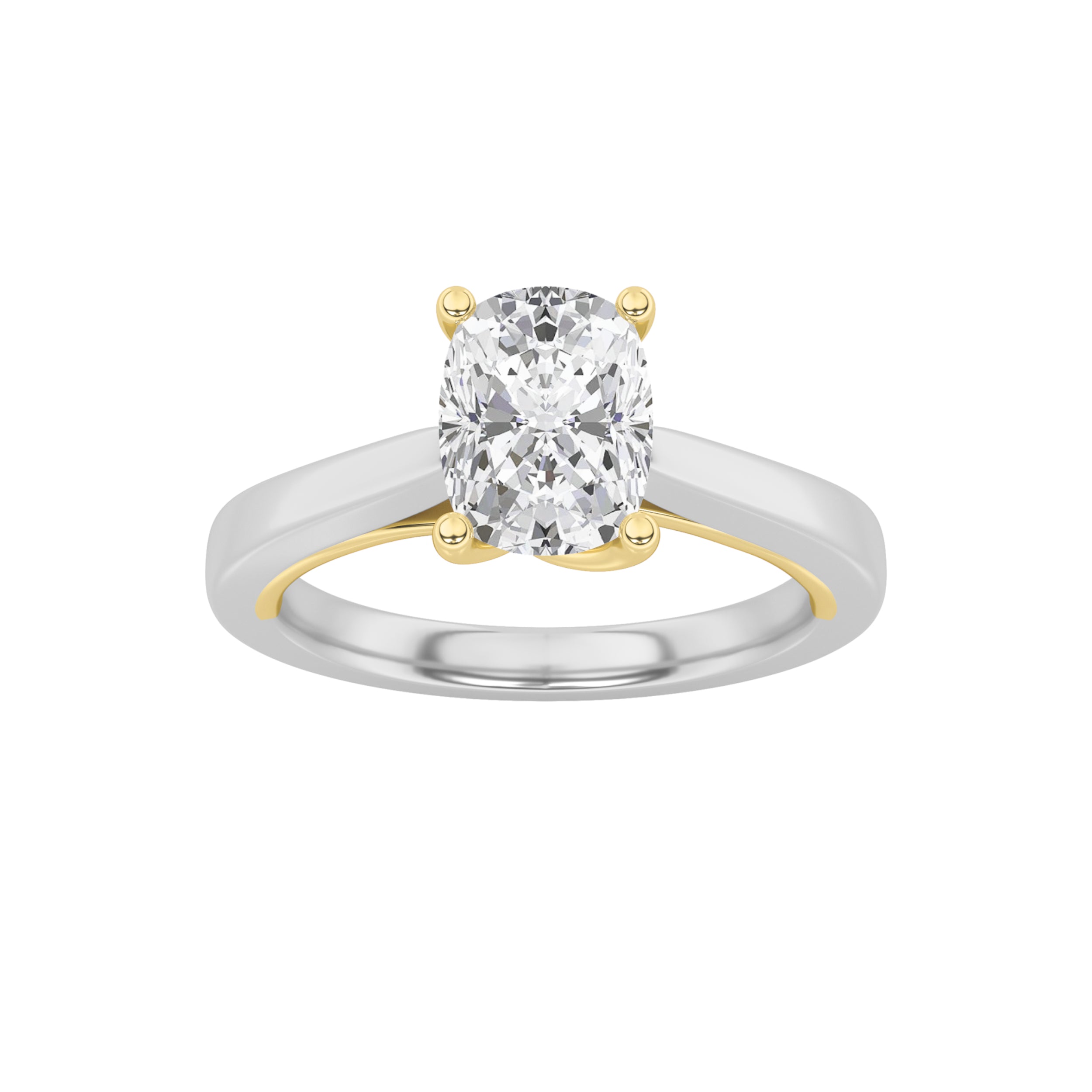 1CTW Elongated Cushion Shaped Lab Grown Diamond (F/VS) Two Tone Twisted Basket Cathedral Shank Solitaire Ring in 14K Gold