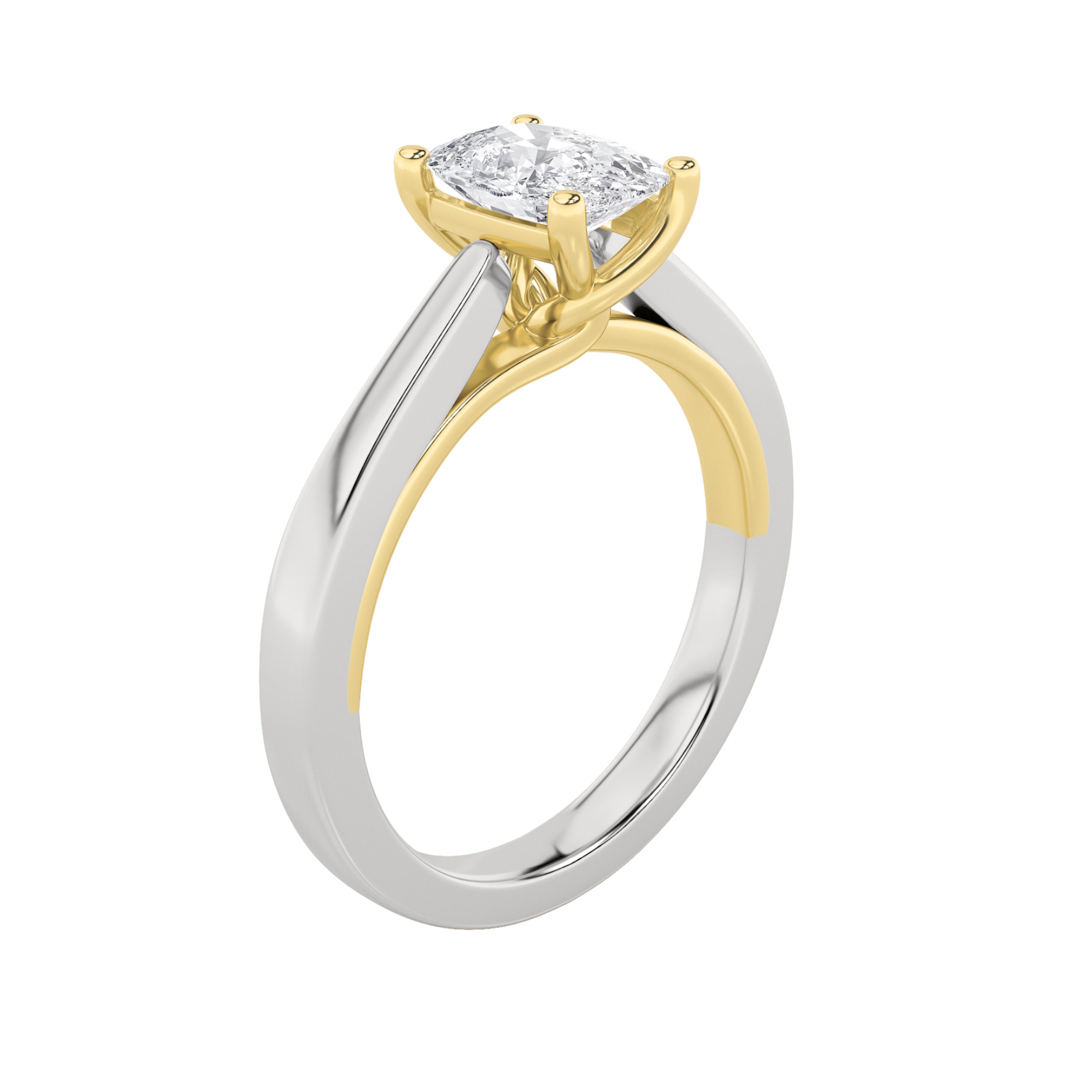 1CTW Elongated Cushion Shaped Lab Grown Diamond (F/VS) Two Tone Twisted Basket Cathedral Shank Solitaire Ring in 14K Gold