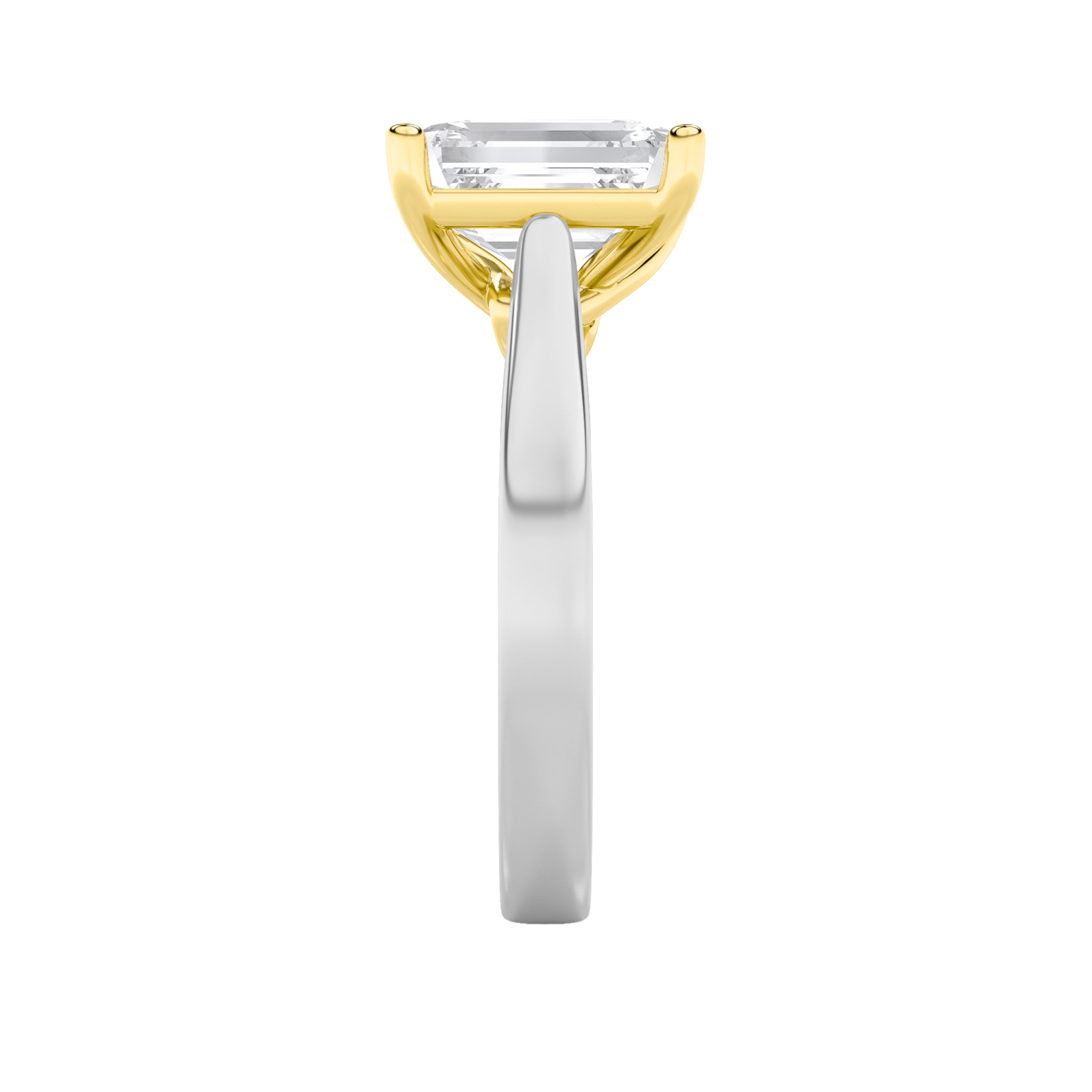 1CTW Emerald Shaped Lab Grown Diamond (F/VS) Two Tone Twisted Basket Cathedral Shank Solitaire Ring in 14K Gold