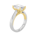 2CTW Emerald Shaped Lab Grown Diamond (F/VS) Two Tone Twisted Basket Cathedral Shank Solitaire Ring in 14K Gold