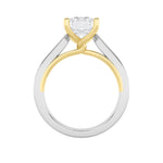2CTW Emerald Shaped Lab Grown Diamond (F/VS) Two Tone Twisted Basket Cathedral Shank Solitaire Ring in 14K Gold