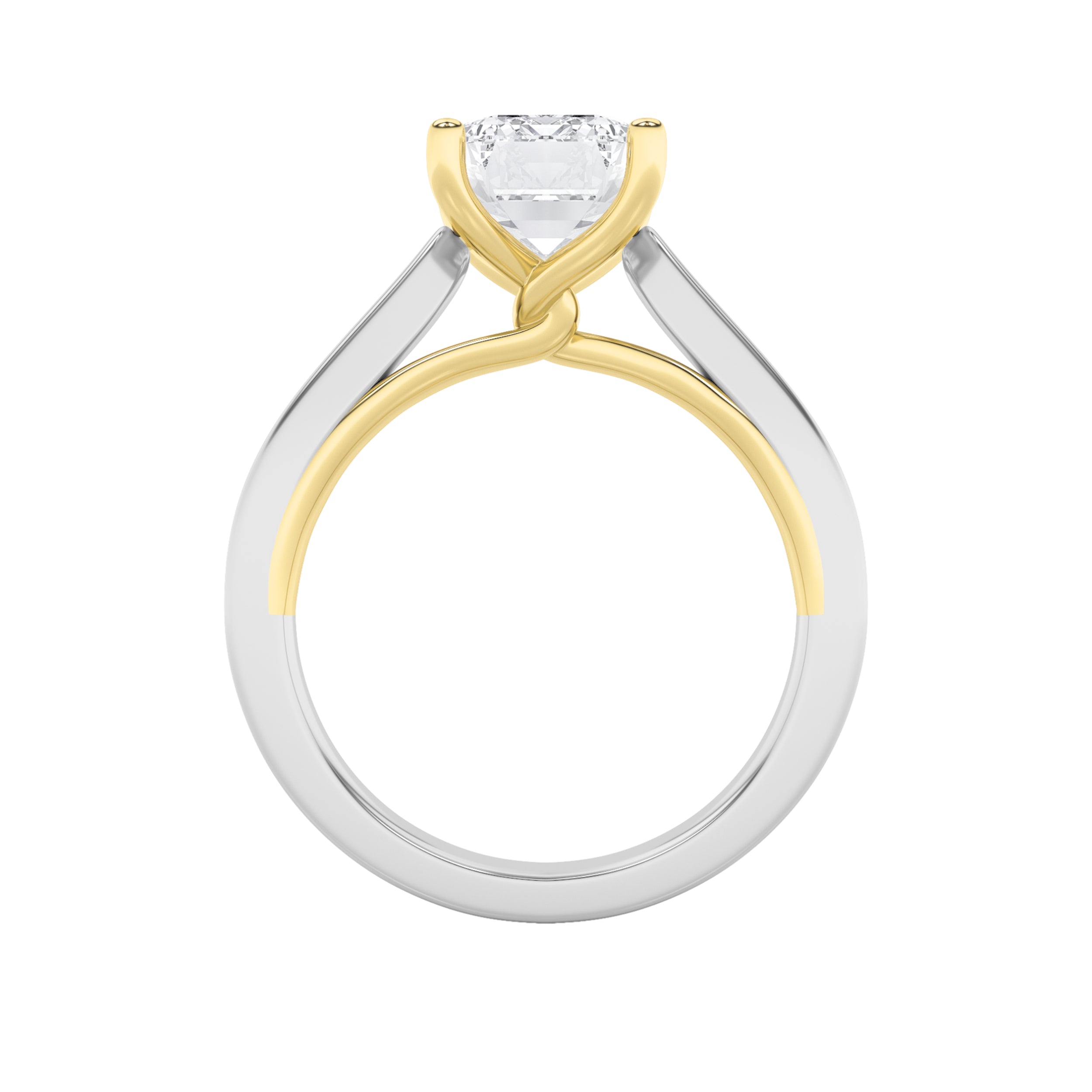 2CTW Emerald Shaped Lab Grown Diamond (F/VS) Two Tone Twisted Basket Cathedral Shank Solitaire Ring in 14K Gold
