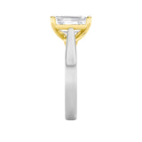 2CTW Emerald Shaped Lab Grown Diamond (F/VS) Two Tone Twisted Basket Cathedral Shank Solitaire Ring in 14K Gold