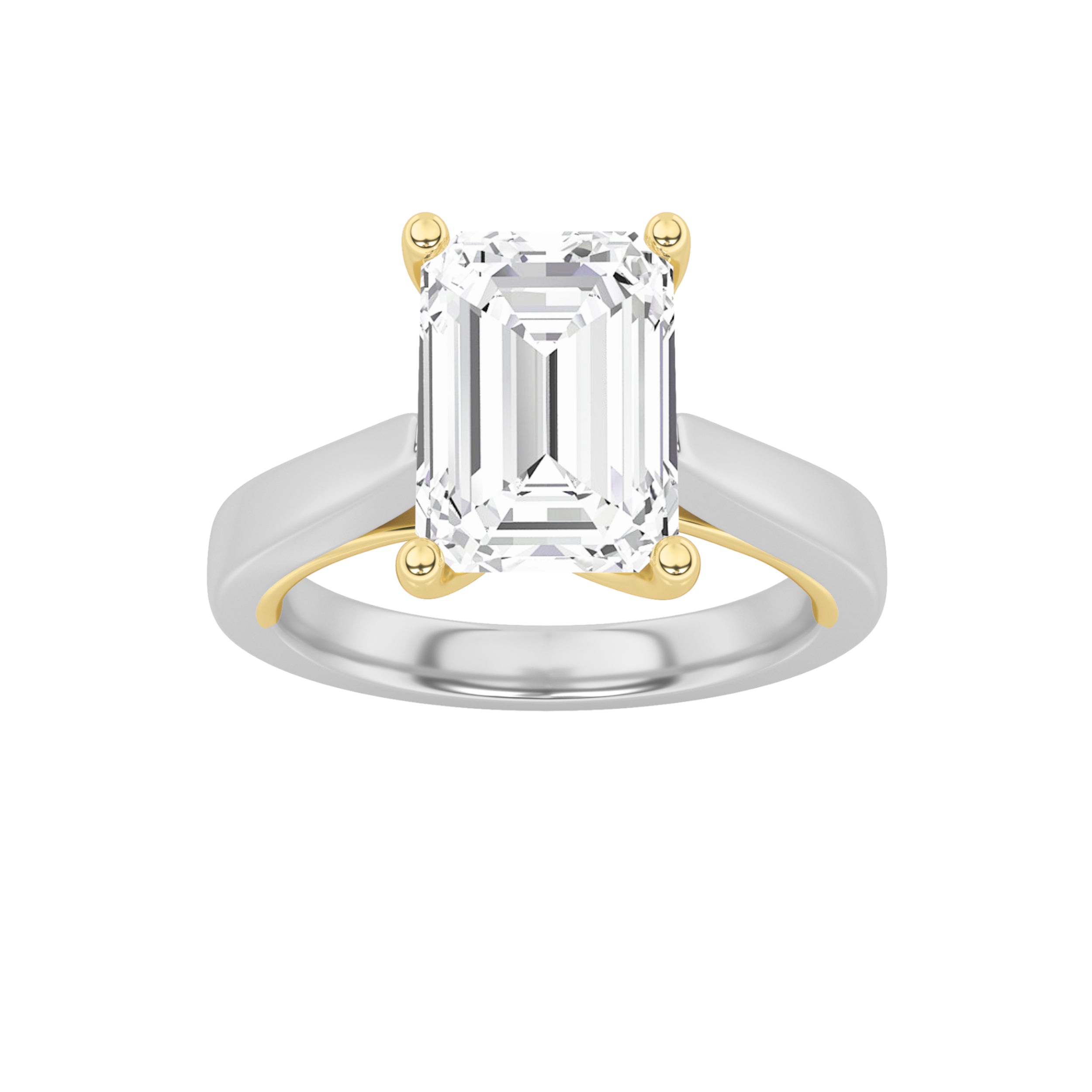 3CTW Emerald Shaped Lab Grown Diamond (F/VS) Two Tone Twisted Basket Cathedral Shank Solitaire Ring in 14K Gold