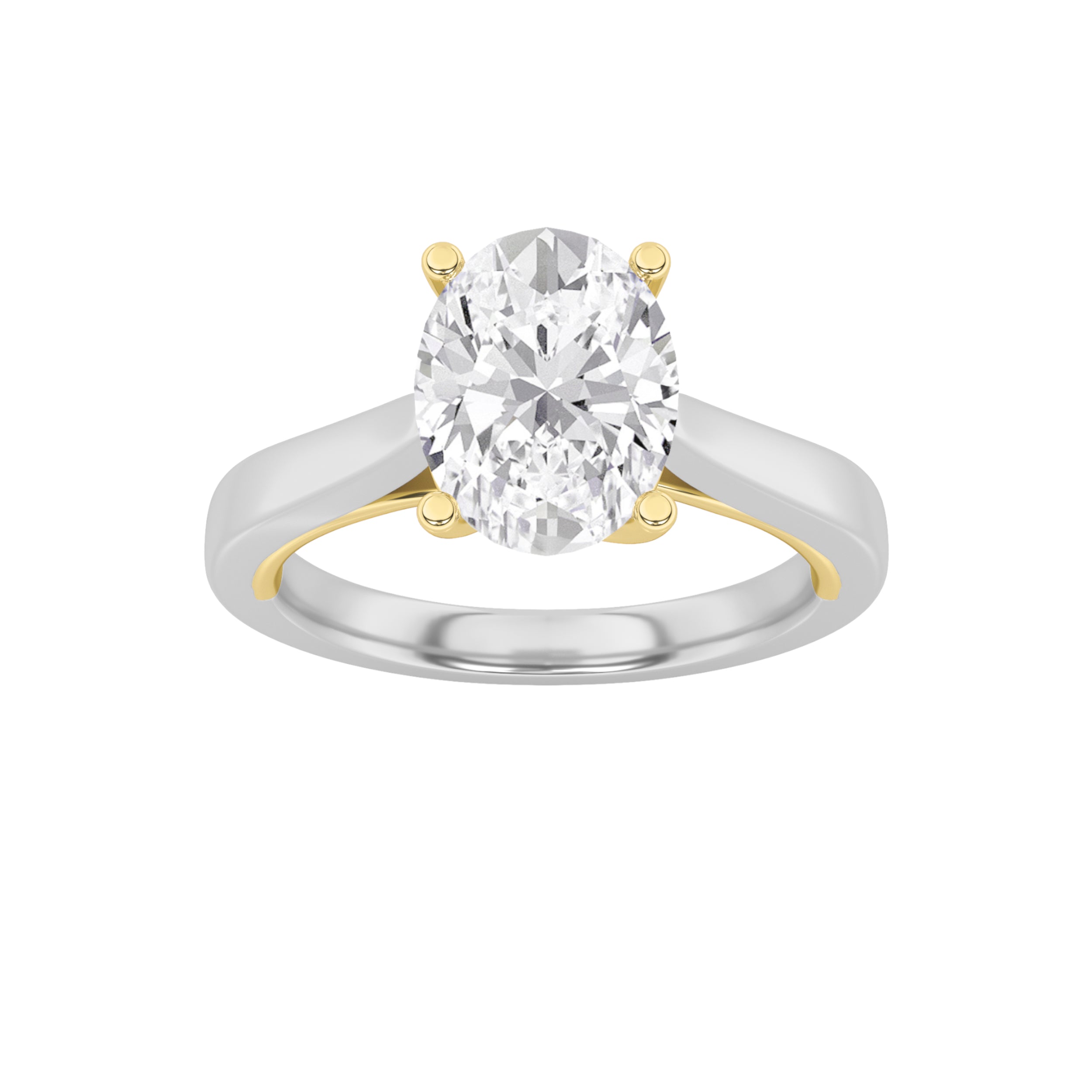 1CTW Oval Shaped Lab Grown Diamond (F/VS) Two Tone Twisted Basket Cathedral Shank Solitaire Ring in 14K Gold