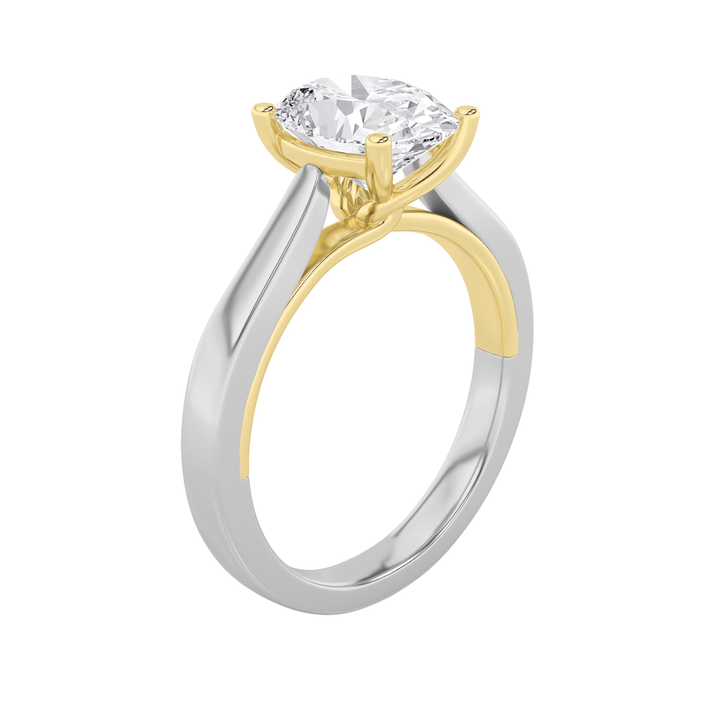 2CTW Oval Shaped Lab Grown Diamond (F/VS) Two Tone Twisted Basket Cathedral Shank Solitaire Ring in 14K Gold