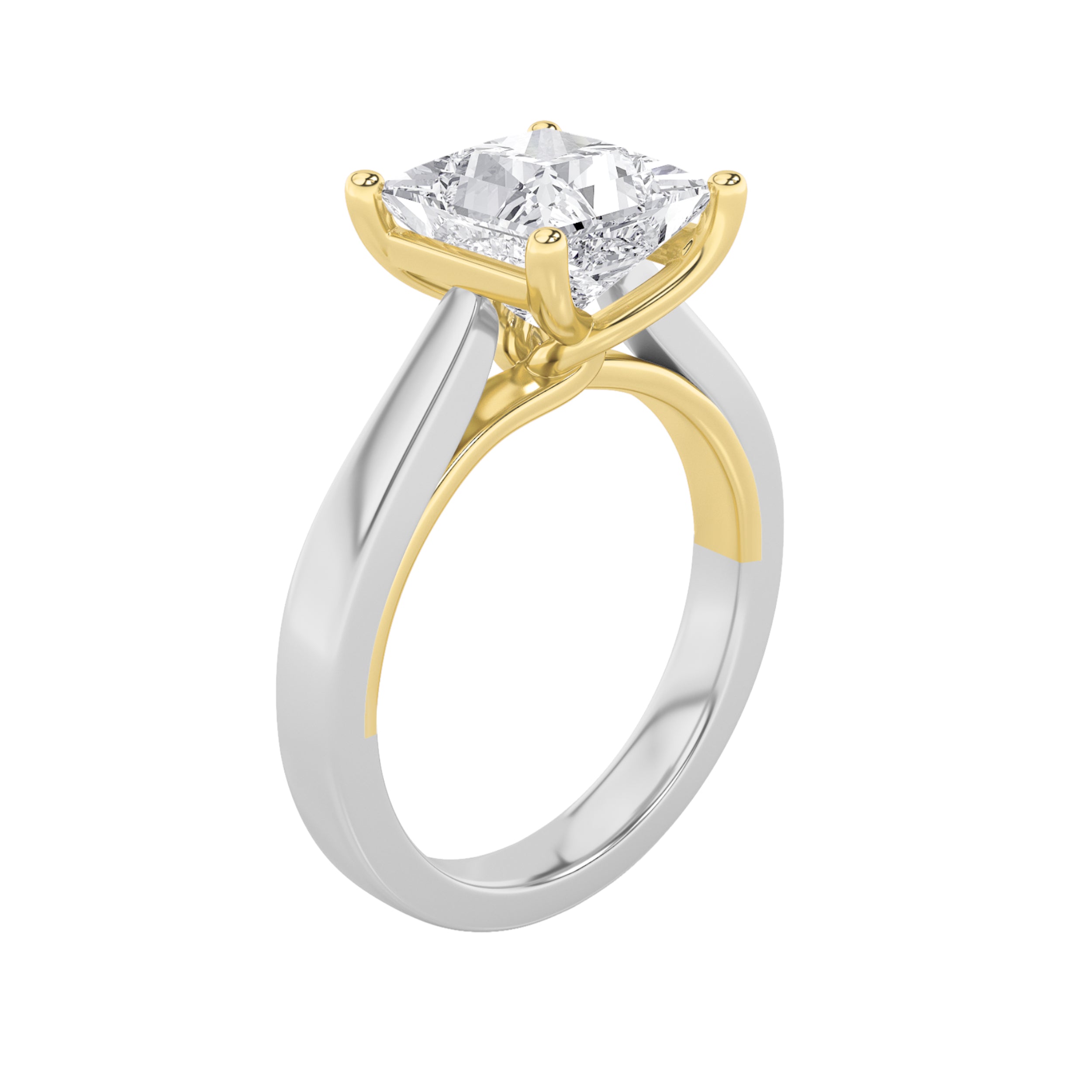 2CTW Princess Shaped Lab Grown Diamond (F/VS) Two Tone Twisted Basket Cathedral Shank Solitaire Ring in 14K Gold