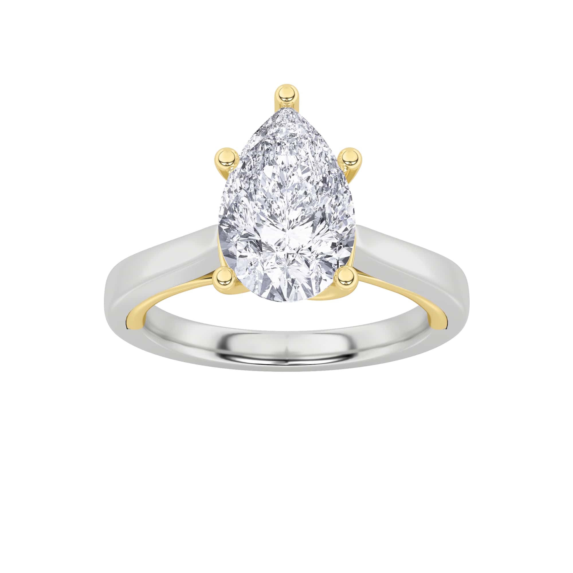 1CTW Pear Shaped Lab Grown Diamond (F/VS) Two Tone Twisted Basket Cathedral Shank Solitaire Ring in 14K Gold