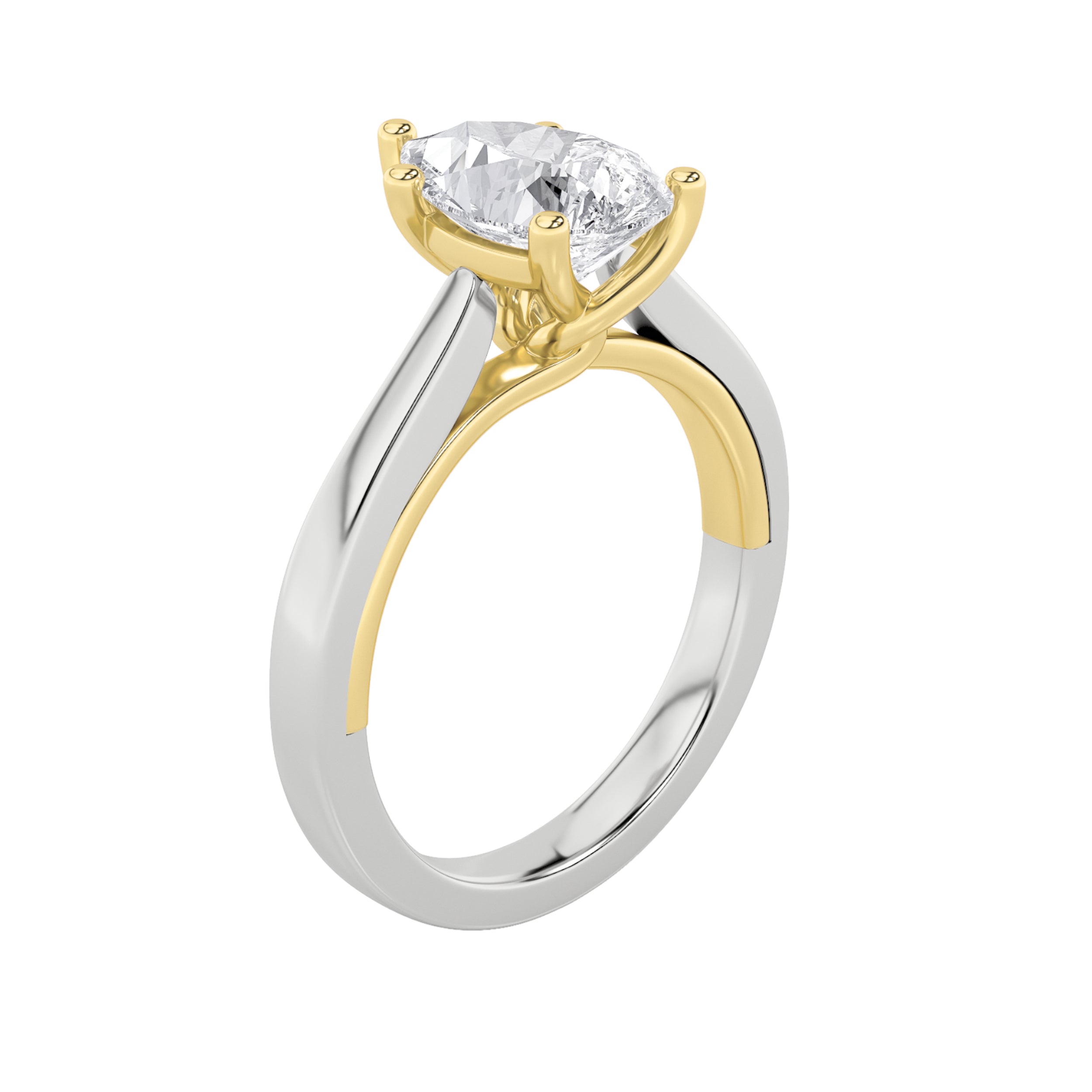 1CTW Pear Shaped Lab Grown Diamond (F/VS) Two Tone Twisted Basket Cathedral Shank Solitaire Ring in 14K Gold