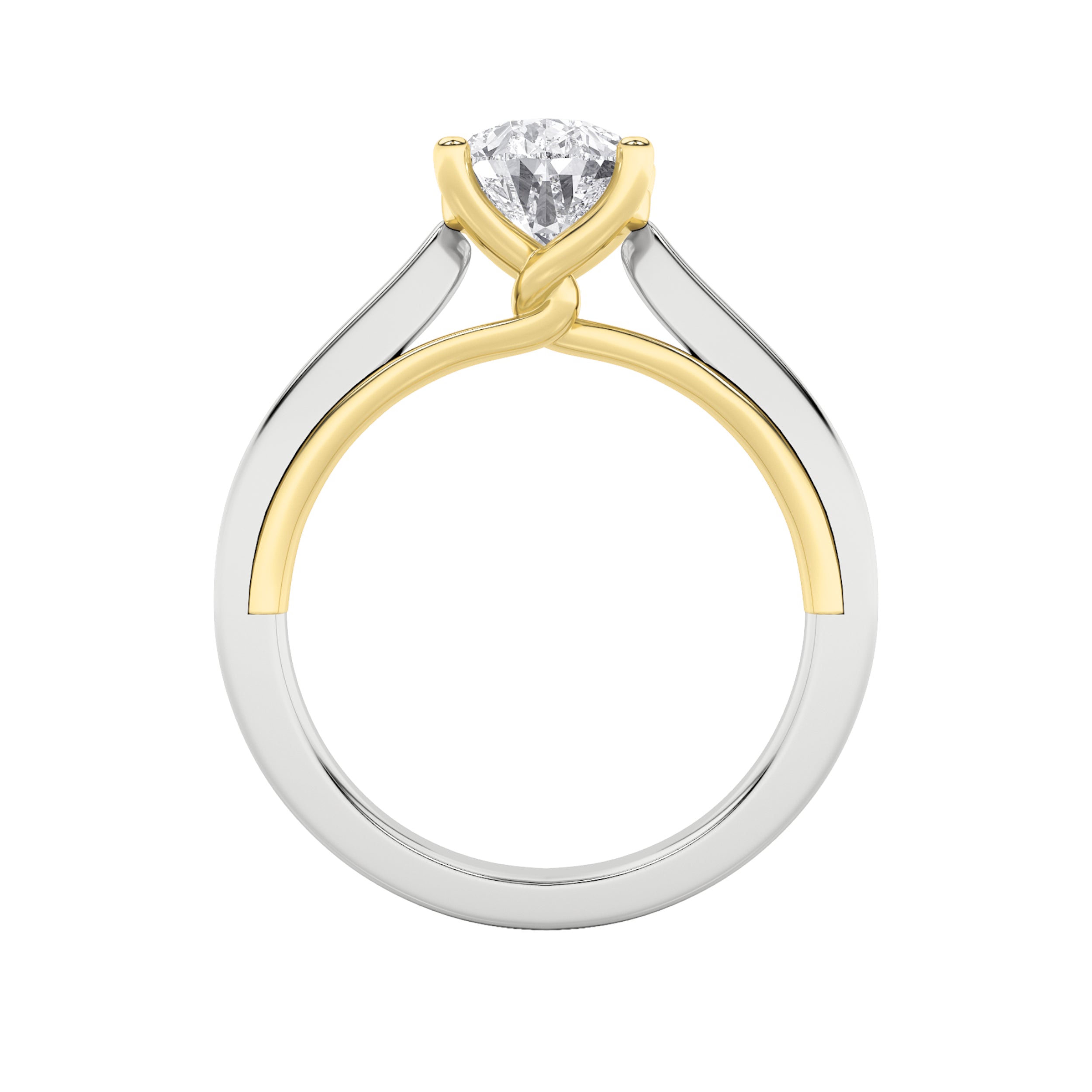 1CTW Pear Shaped Lab Grown Diamond (F/VS) Two Tone Twisted Basket Cathedral Shank Solitaire Ring in 14K Gold