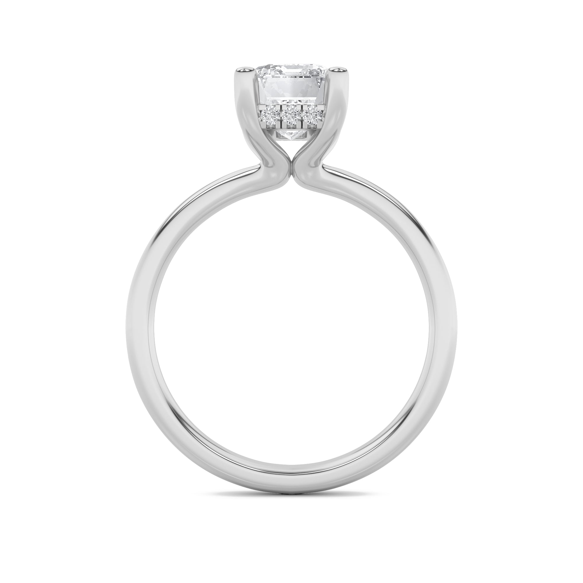 2CTW Emerald Shaped Lab Grown Diamond (F/VS) Hidden Halo Petite Shank Ring in 14K Gold