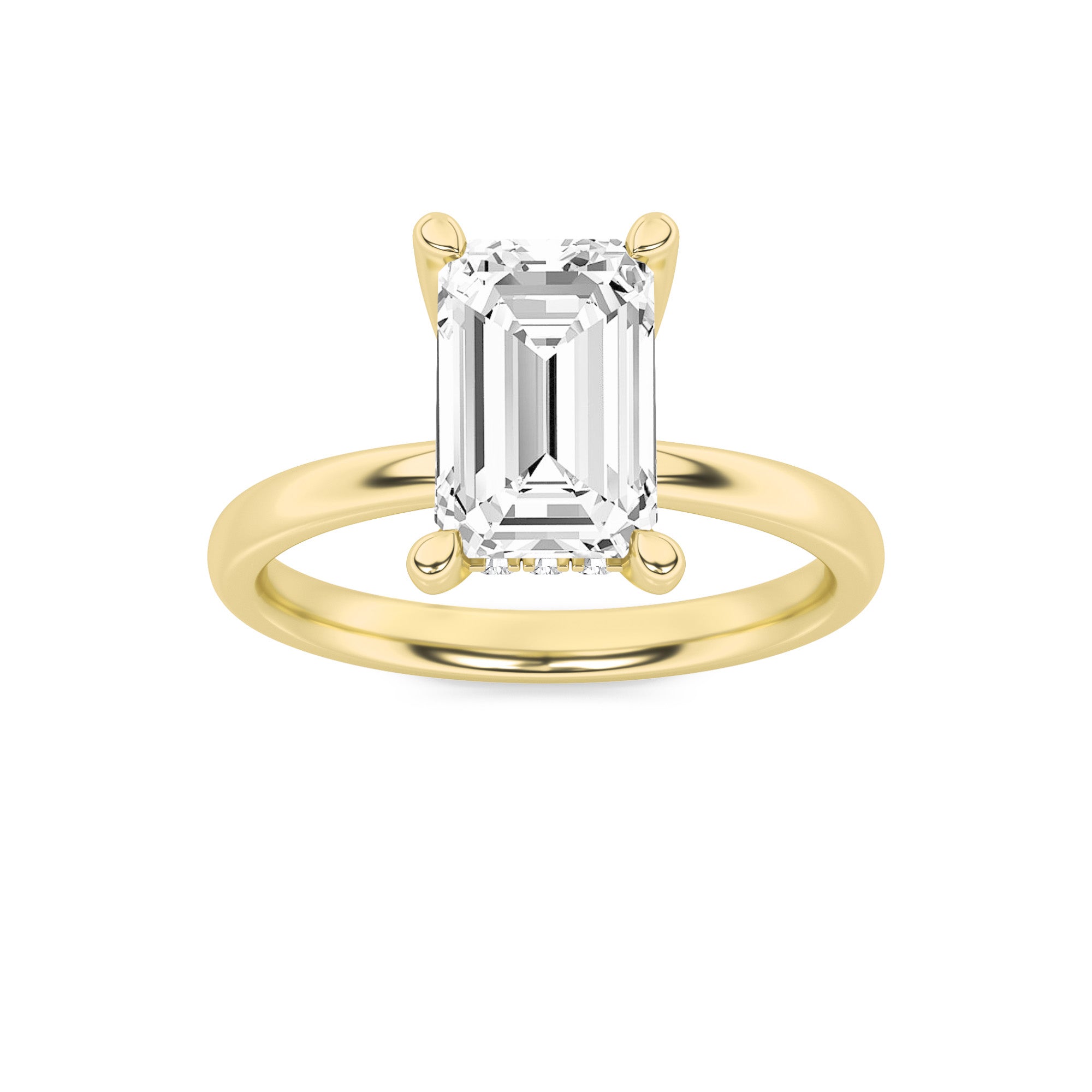 2CTW Emerald Shaped Lab Grown Diamond (F/VS) Hidden Halo Petite Shank Ring in 14K Gold