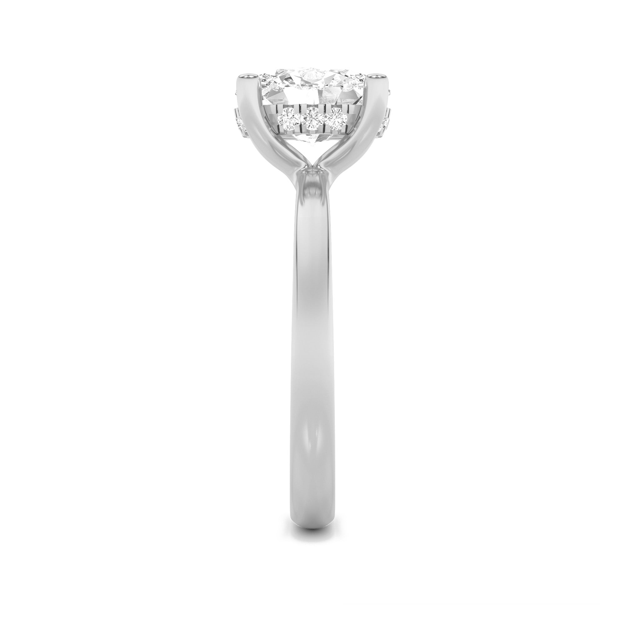 2CTW Oval Shaped Lab Grown Diamond (F/VS) Hidden Halo Petite Shank Ring in 14K Gold
