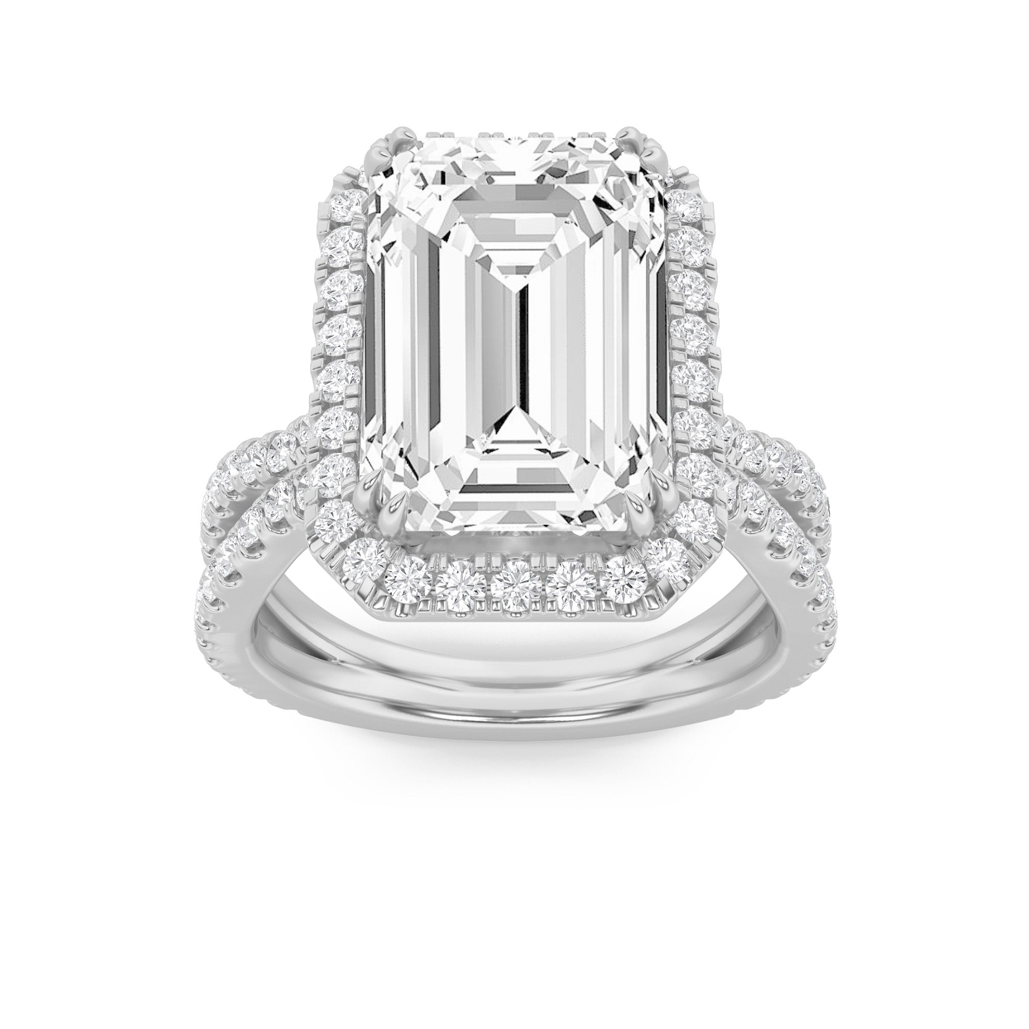 8CTW Emerald Shaped Lab Grown Diamond (F/VS) Bold Statement Accented Ring in 14K Gold