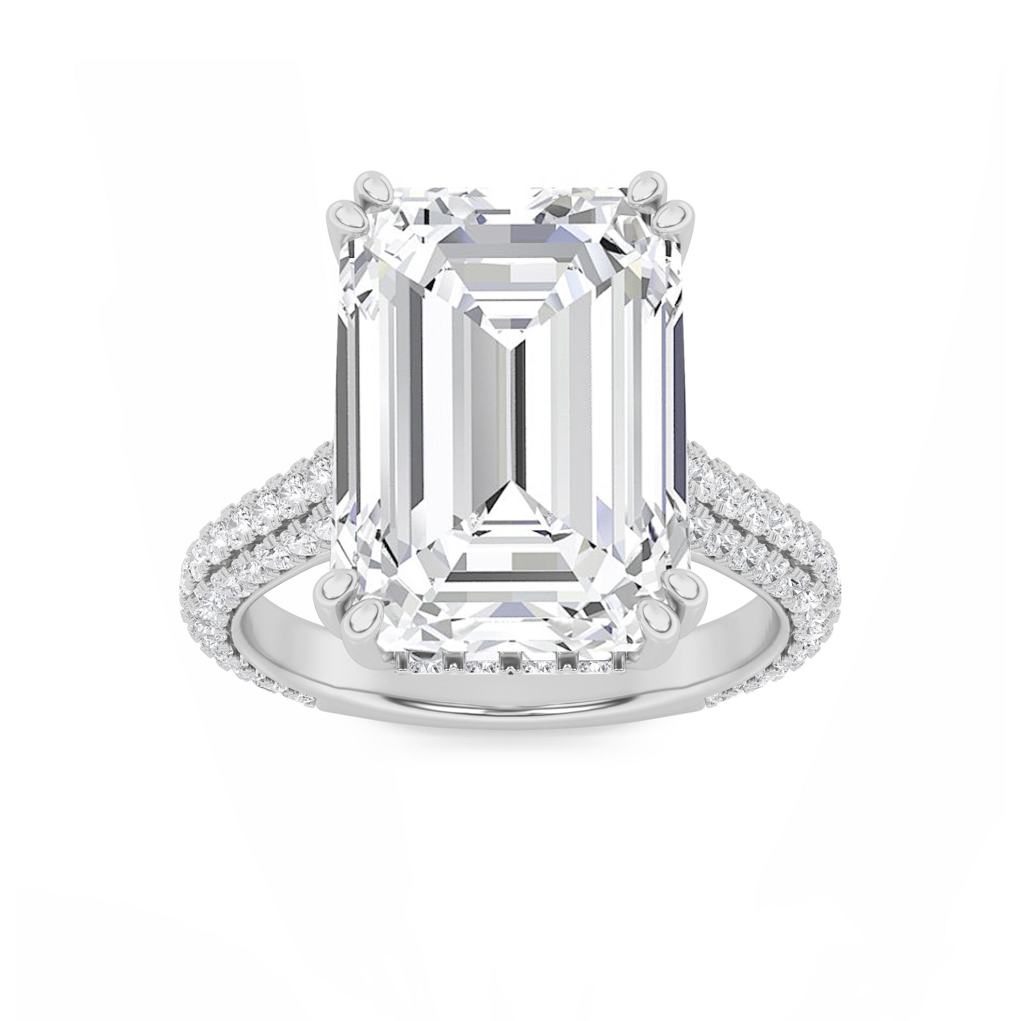 8CTW Emerald Shaped Lab Grown Diamond (F/VS) Bold Accented Engagement Ring in 14K Gold