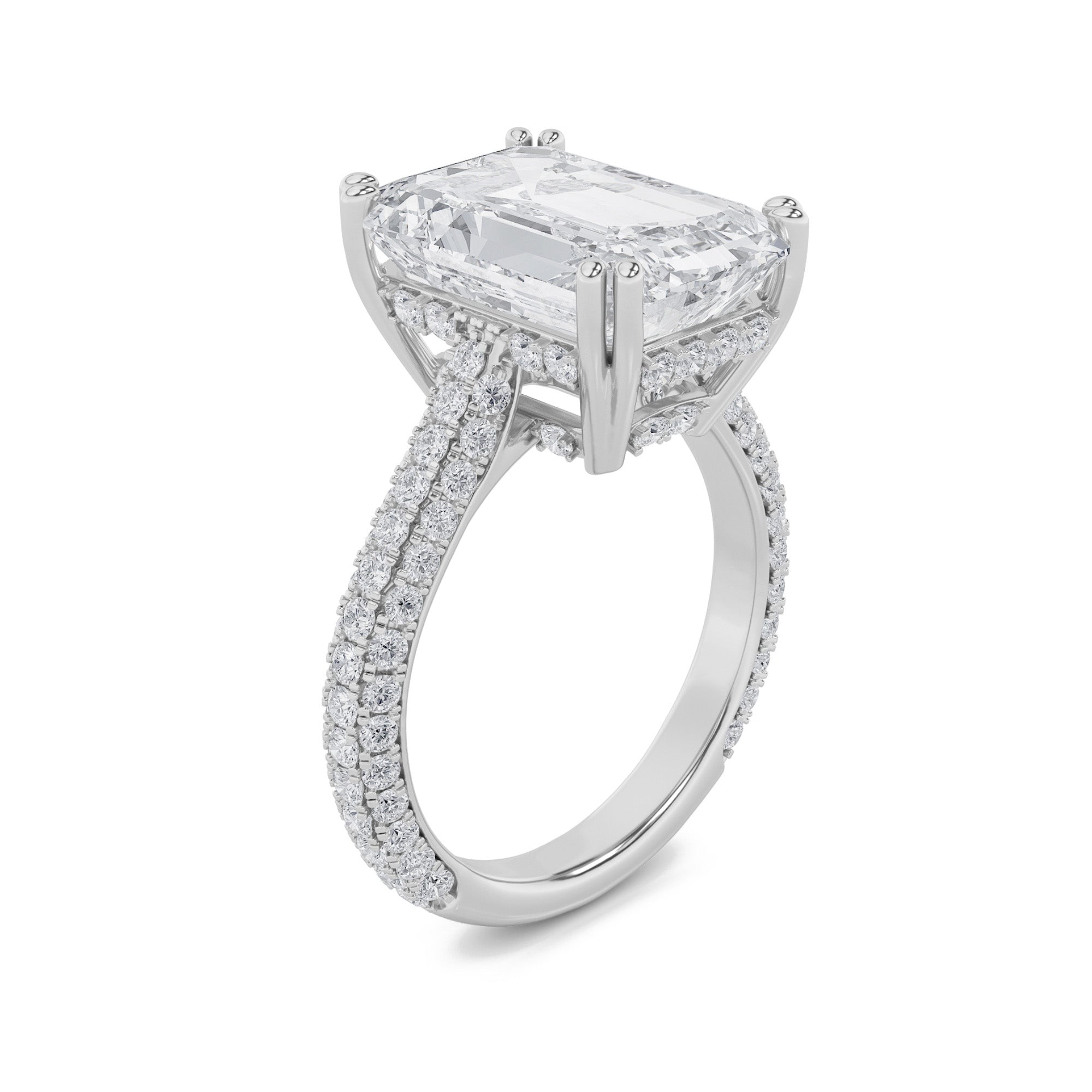8CTW Emerald Shaped Lab Grown Diamond (F/VS) Bold Accented Engagement Ring in 14K Gold