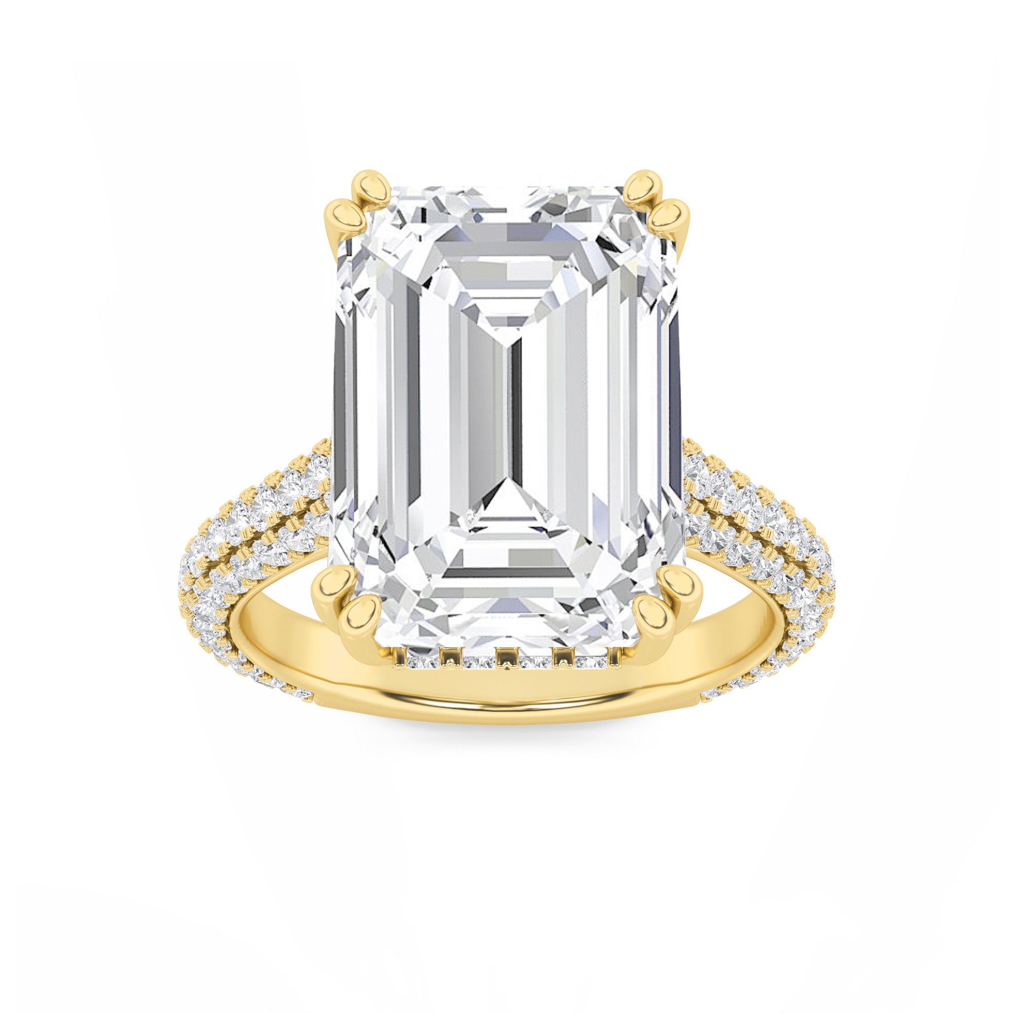 8CTW Emerald Shaped Lab Grown Diamond (F/VS) Bold Accented Engagement Ring in 14K Gold
