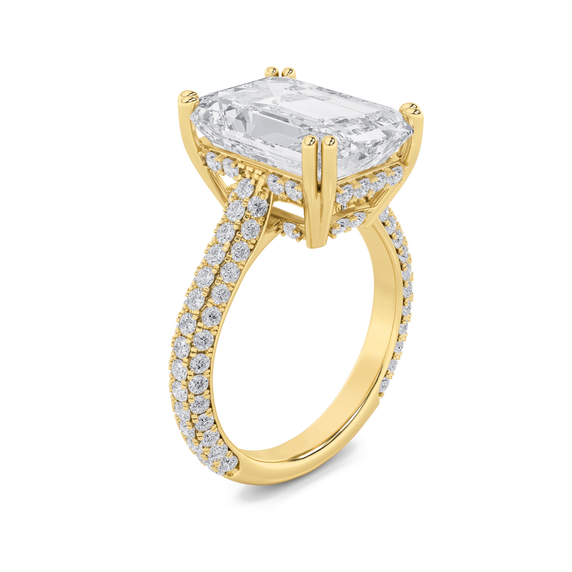 8CTW Emerald Shaped Lab Grown Diamond (F/VS) Bold Accented Engagement Ring in 14K Gold