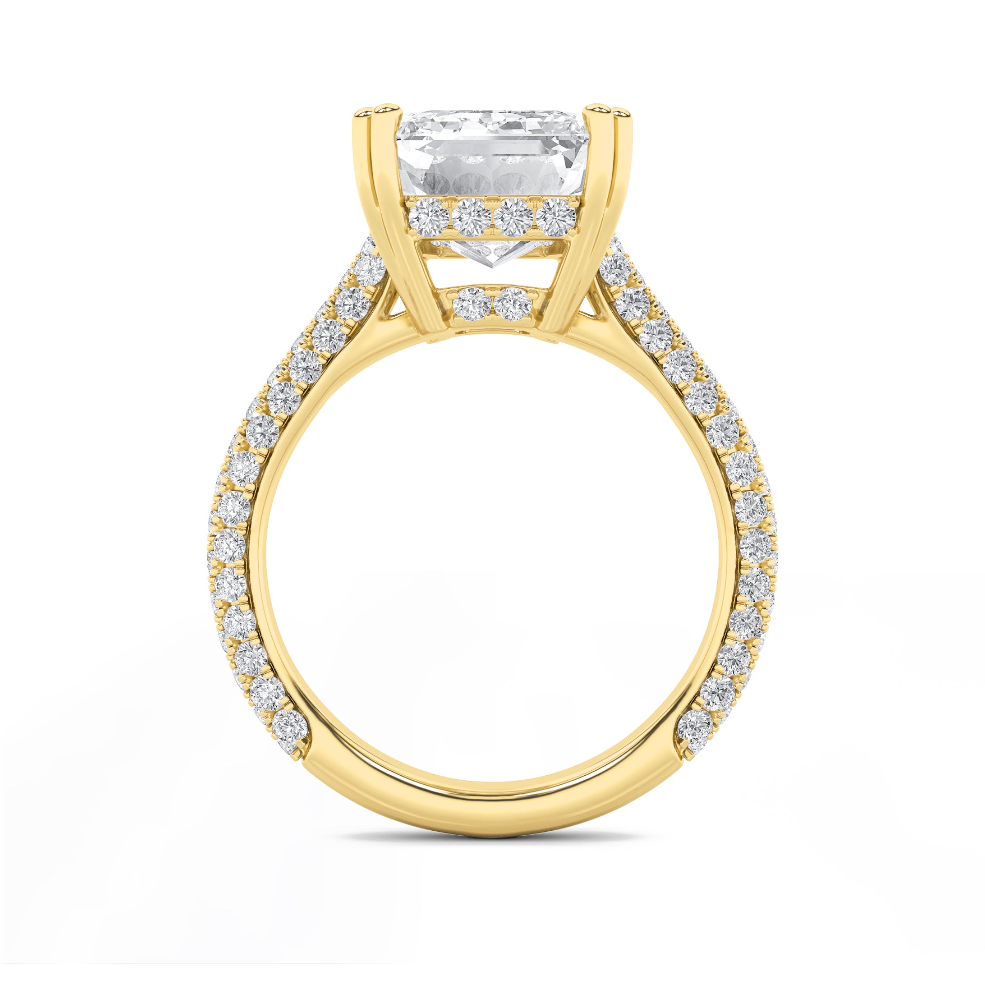 8CTW Emerald Shaped Lab Grown Diamond (F/VS) Bold Accented Engagement Ring in 14K Gold