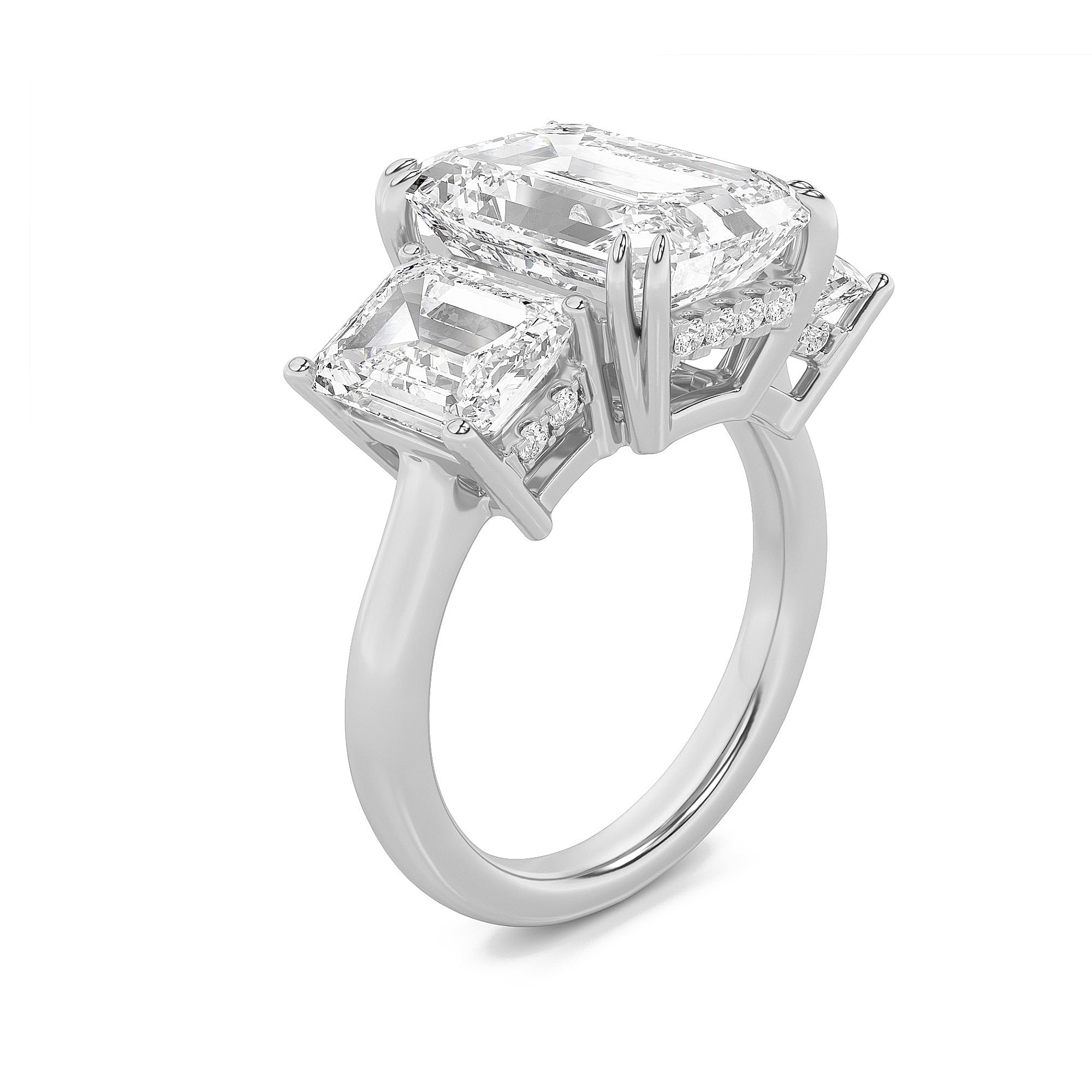 8.25CTW Emerald Shaped Lab Grown Diamond (G/VS) Bold Three Stone Accented Ring in 14K Gold