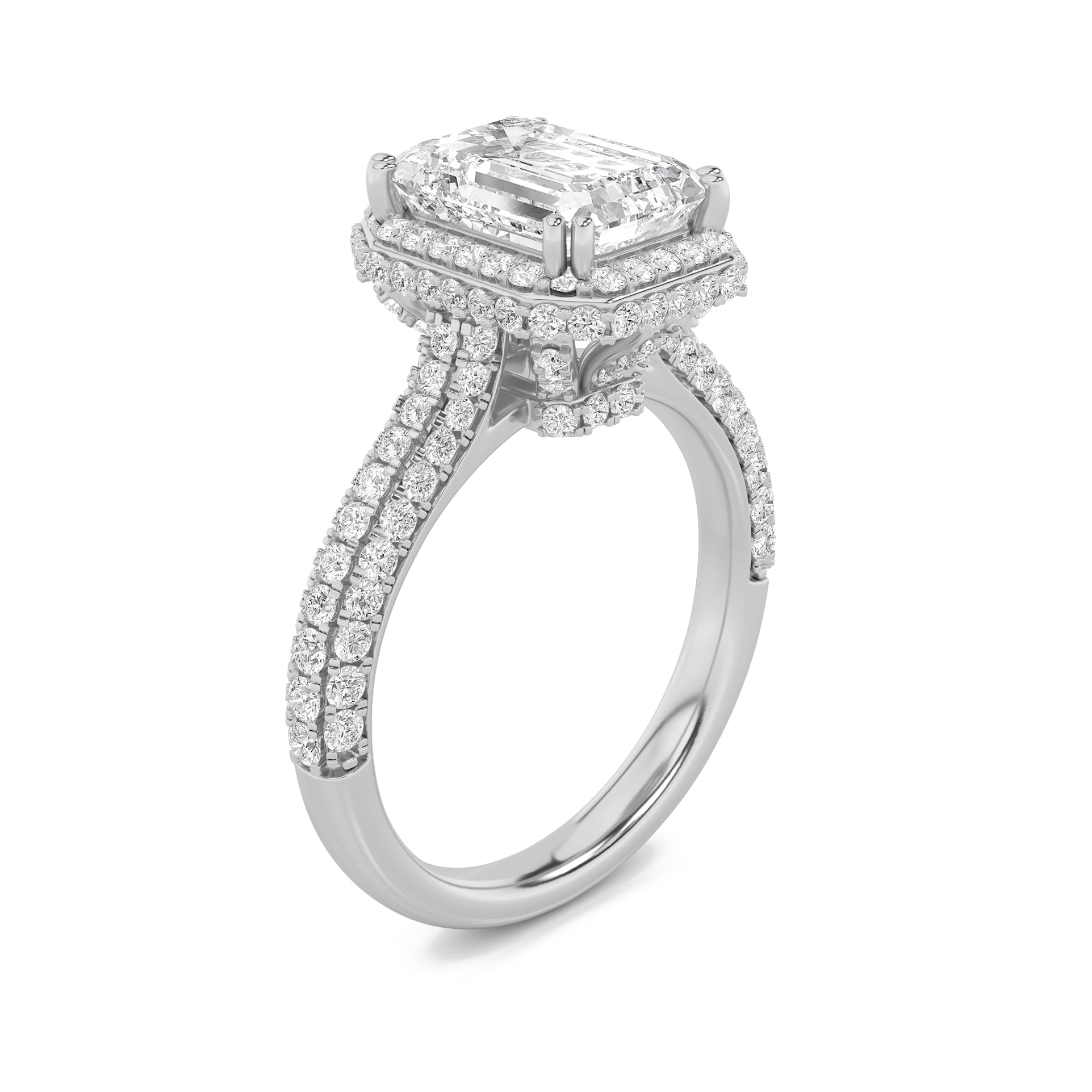 3CTW Emerald Shaped Lab Grown Diamond (F/VS) Halo Accented Engagement Ring in 14K Gold