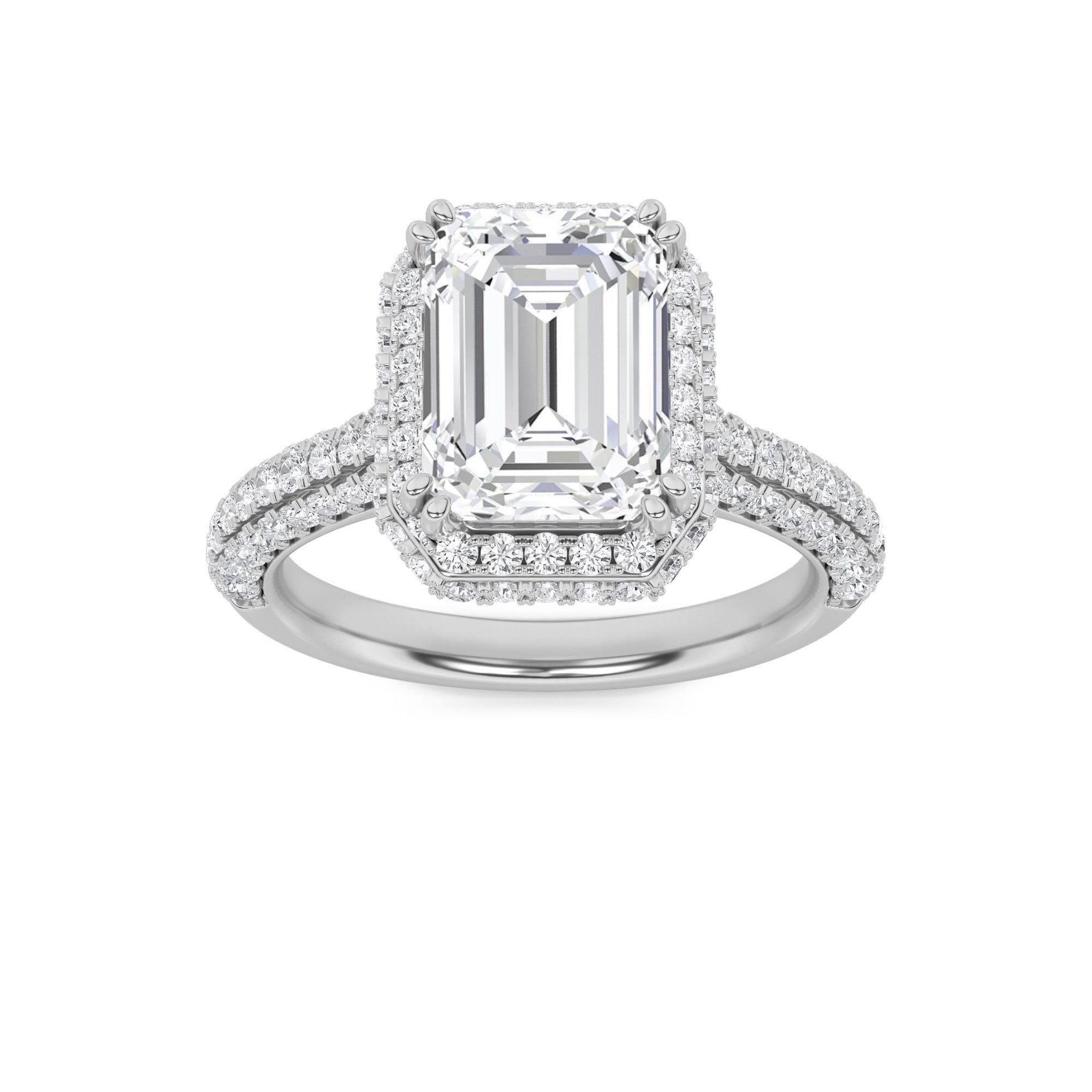 3CTW Emerald Shaped Lab Grown Diamond (G/VS) Halo Accented Engagement Ring in 14K Gold
