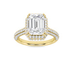 3CTW Emerald Shaped Lab Grown Diamond (F/VS) Halo Accented Engagement Ring in 14K Gold