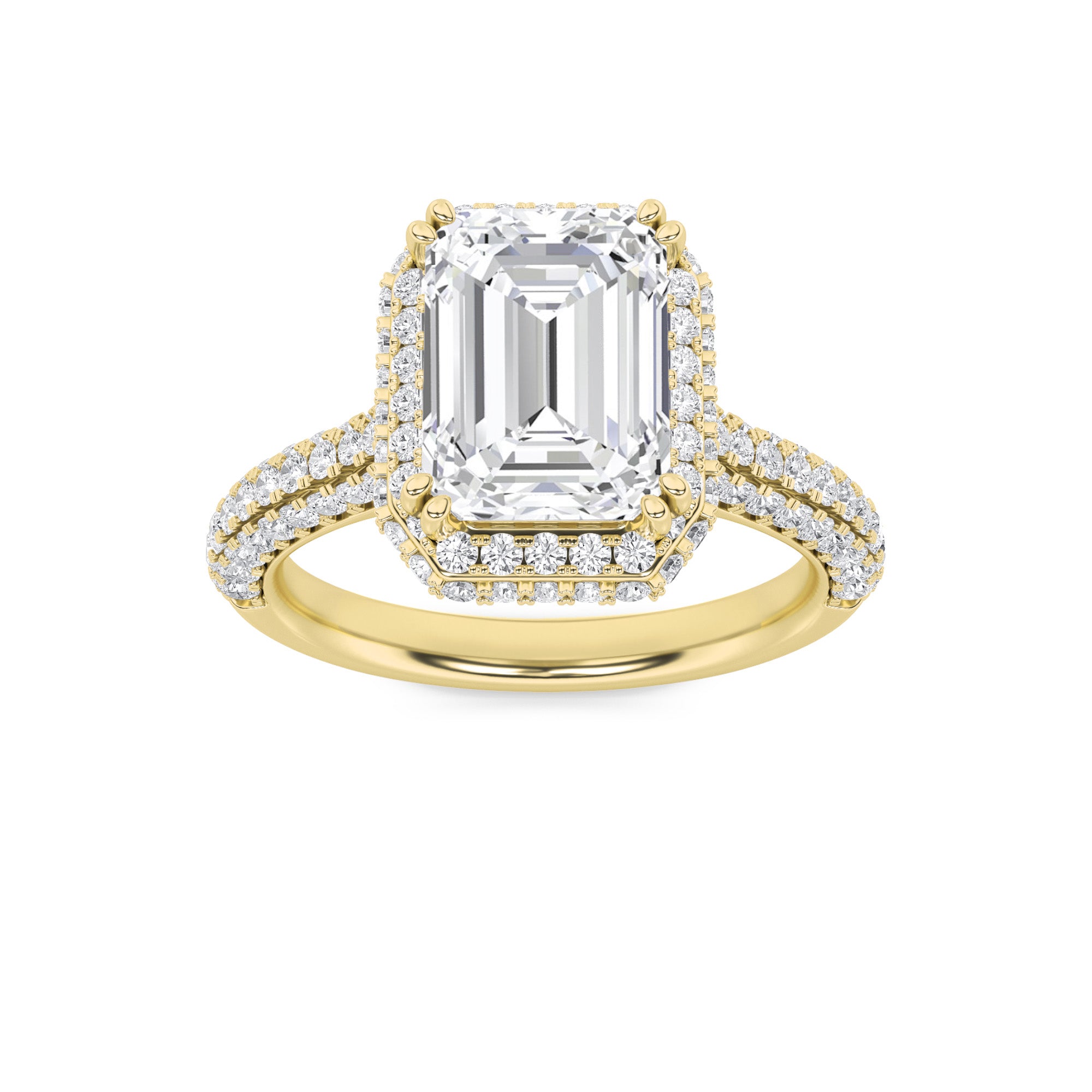3CTW Emerald Shaped Lab Grown Diamond (F/VS) Halo Accented Engagement Ring in 14K Gold