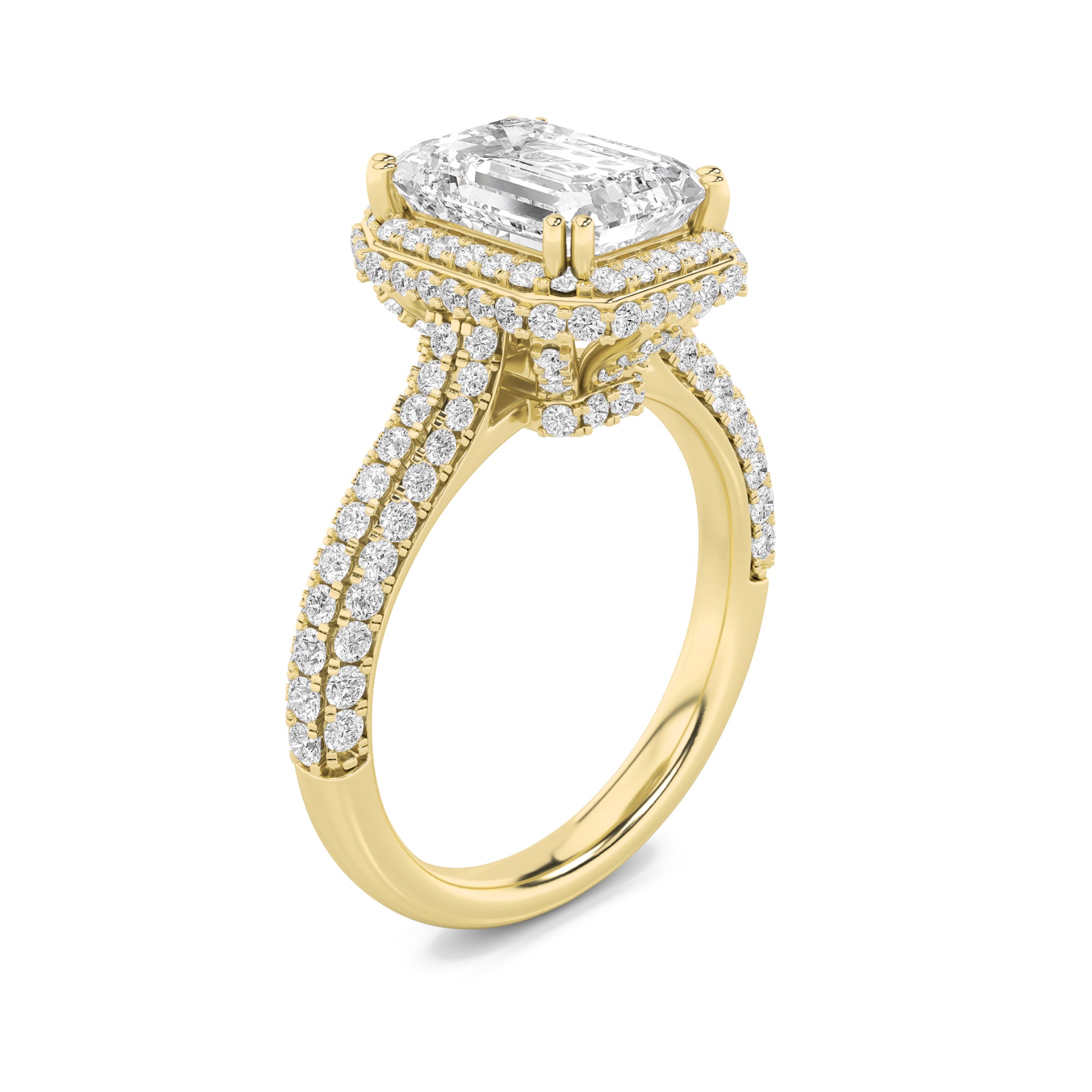 3CTW Emerald Shaped Lab Grown Diamond (F/VS) Halo Accented Engagement Ring in 14K Gold