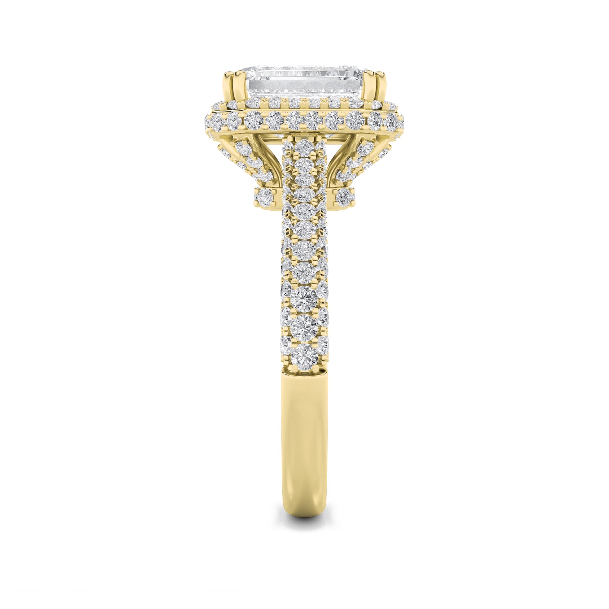 3CTW Emerald Shaped Lab Grown Diamond (F/VS) Halo Accented Engagement Ring in 14K Gold